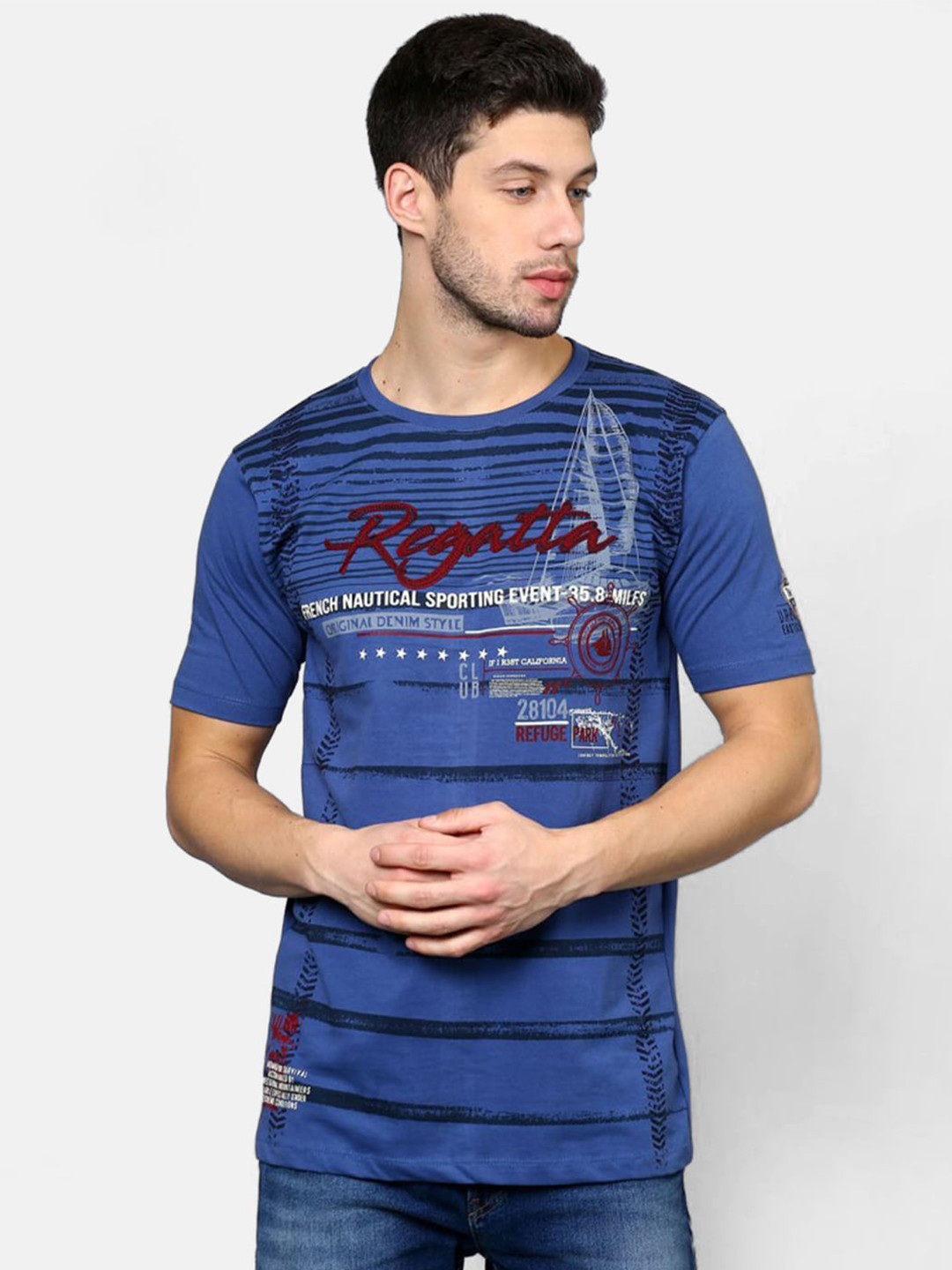 

V2 Value & Variety Men Blue & Black Printed Cotton T-shirt