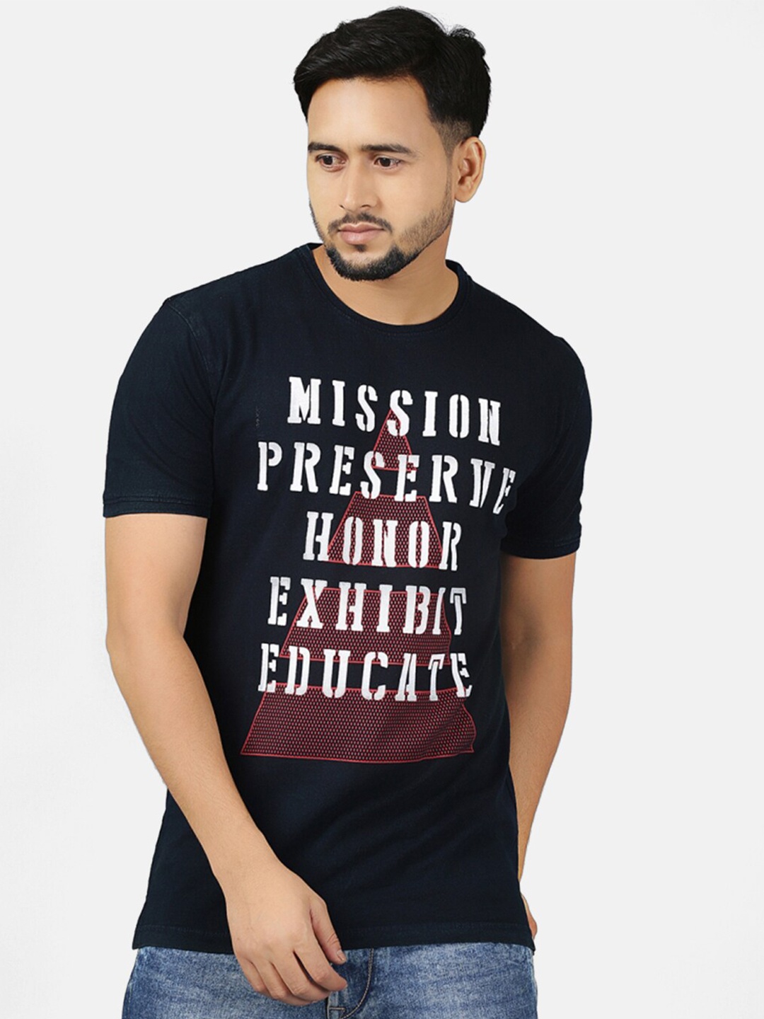

V2 Value & Variety Men Navy Blue & White Typography Printed Cotton T-shirt