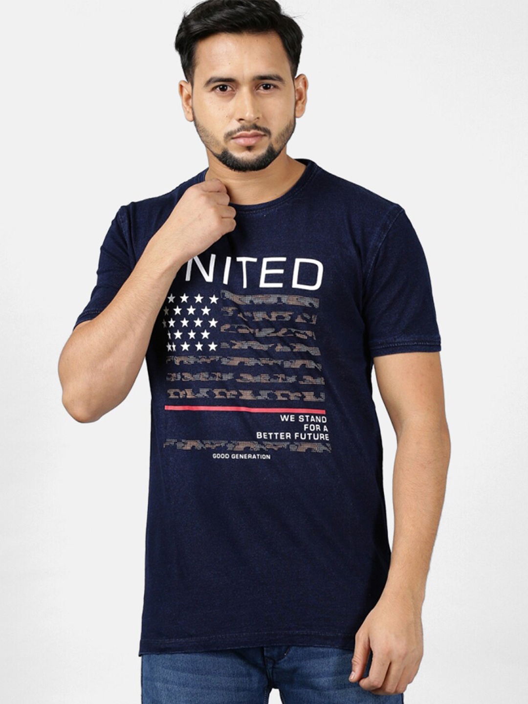 V2 Value & Variety Men Navy Blue & White Typography Printed Cotton T-shirt
