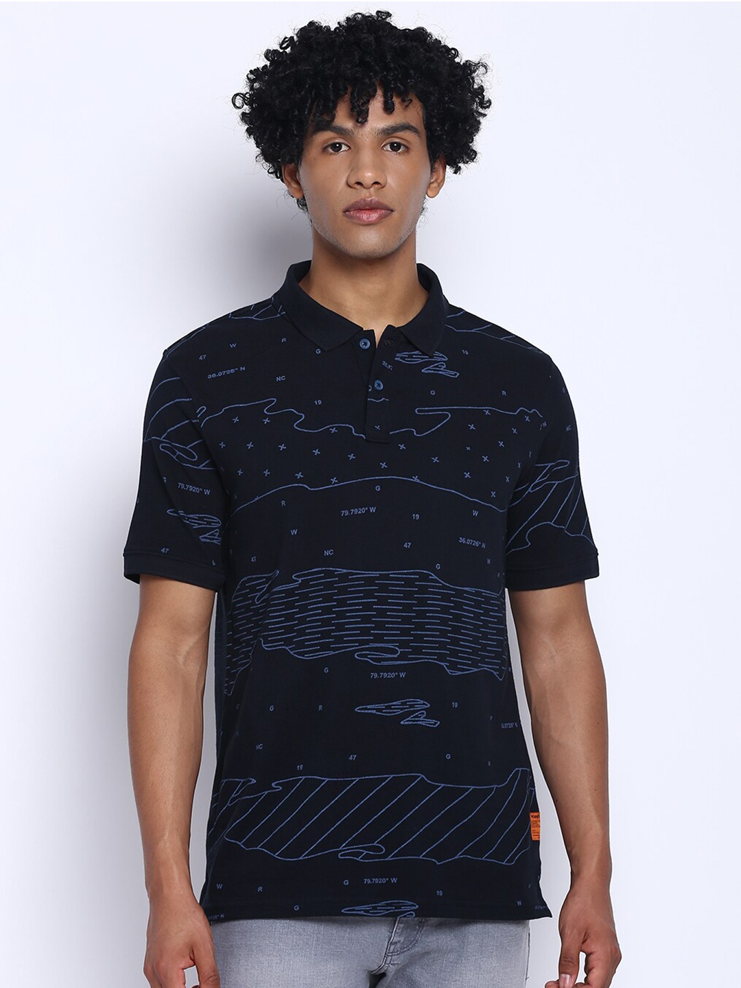 

Wrangler Men Navy Blue Abstract Printed Polo Collar T-shirt