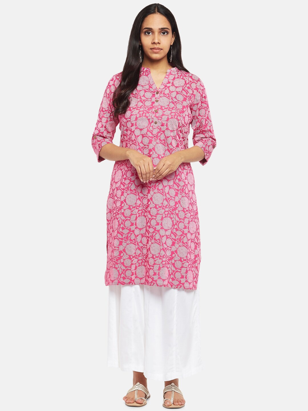 

RANGMANCH BY PANTALOONS Women Fuchsia & Grey Floral Printed Pure Cotton Kurta