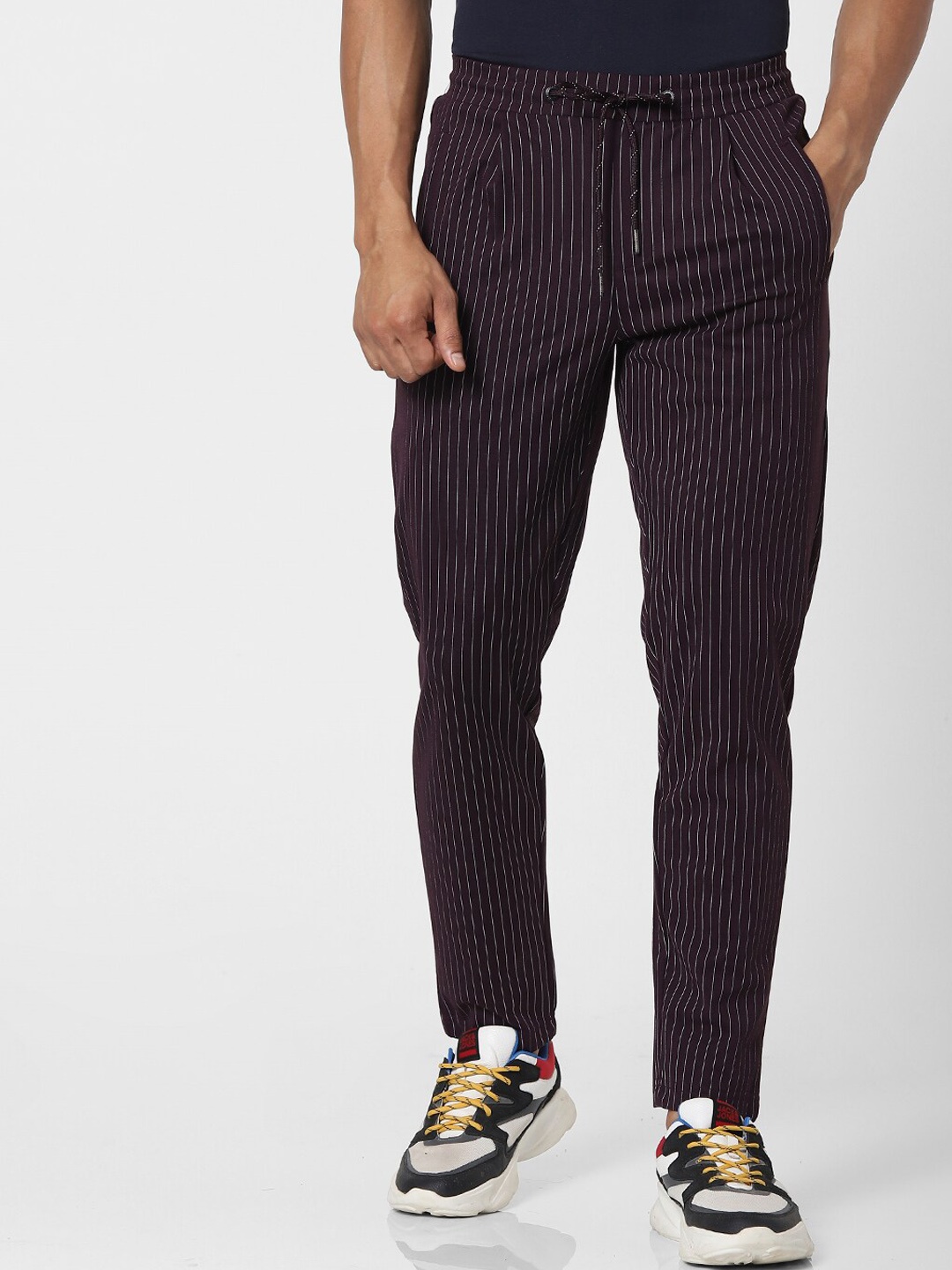 

Jack & Jones Men Burgundy & White Striped Straight Fit Track Pants