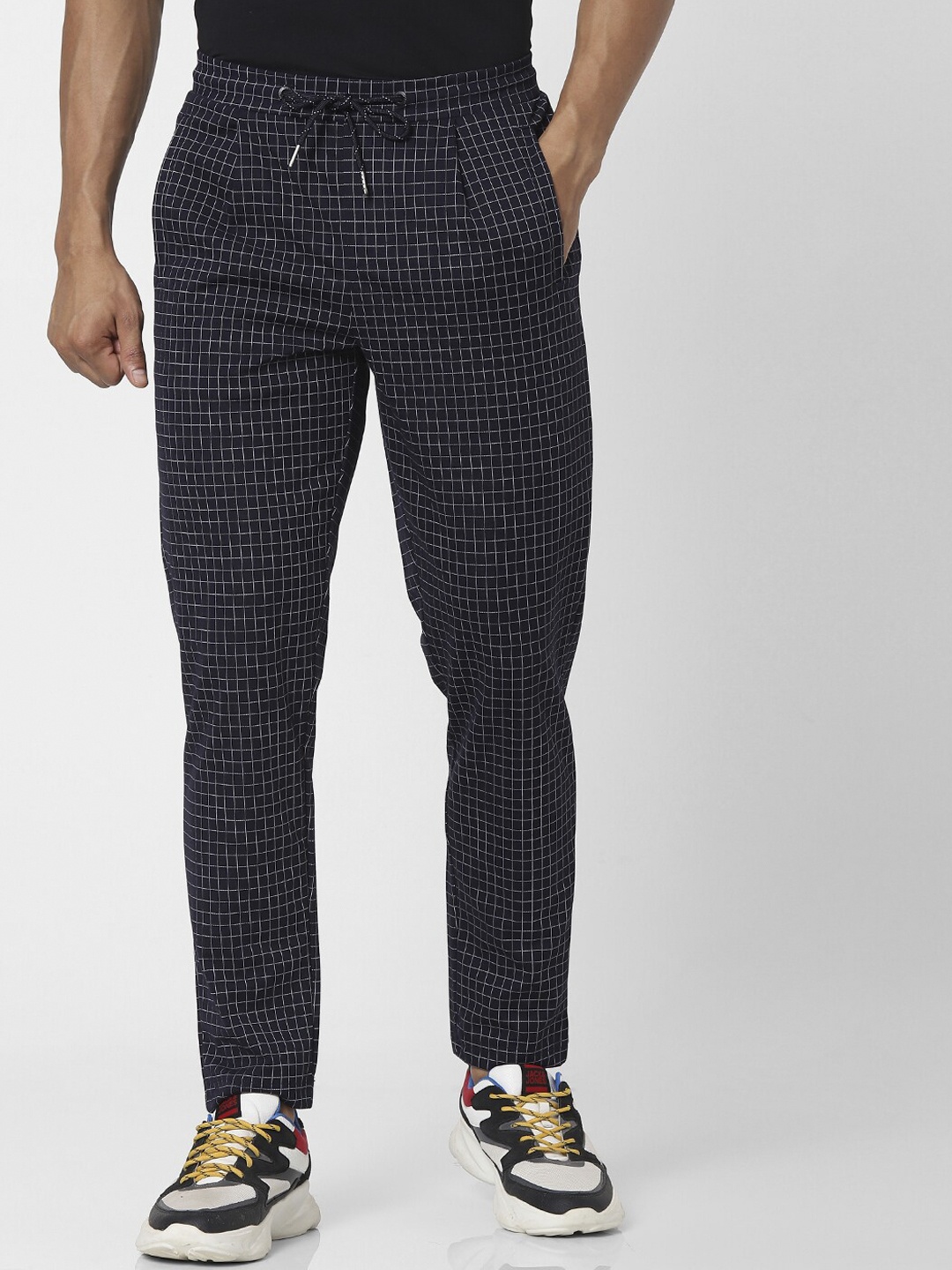 

Jack & Jones Men Navy Blue & White Checked Track Pants