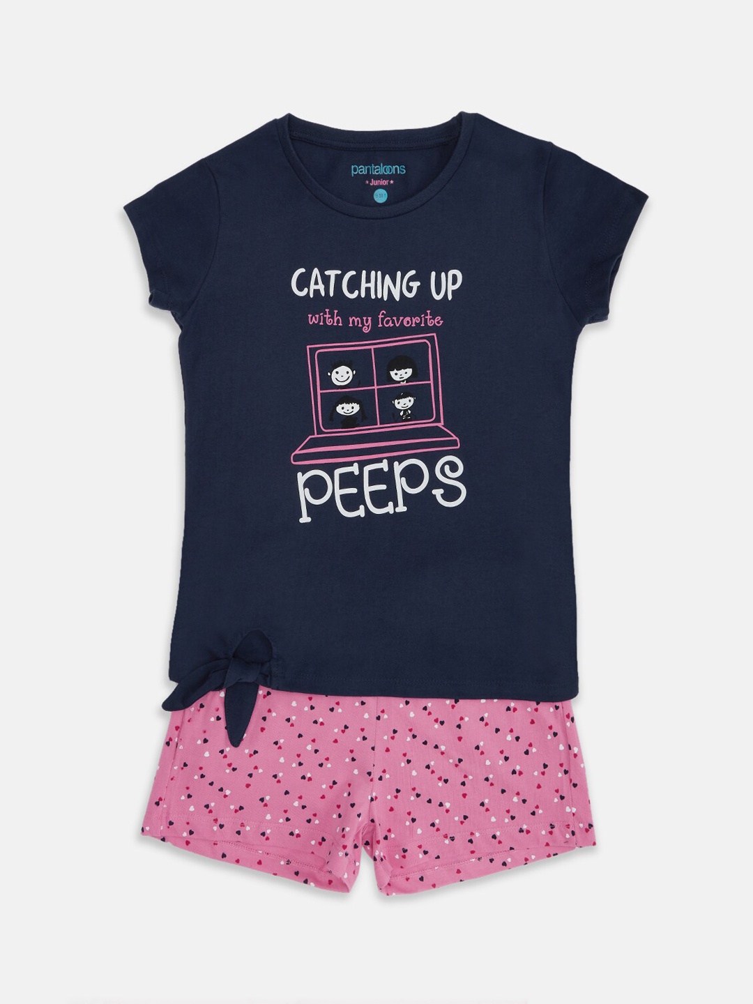 

Pantaloons Junior Girls Navy Blue & Pink Printed Cotton Night suit