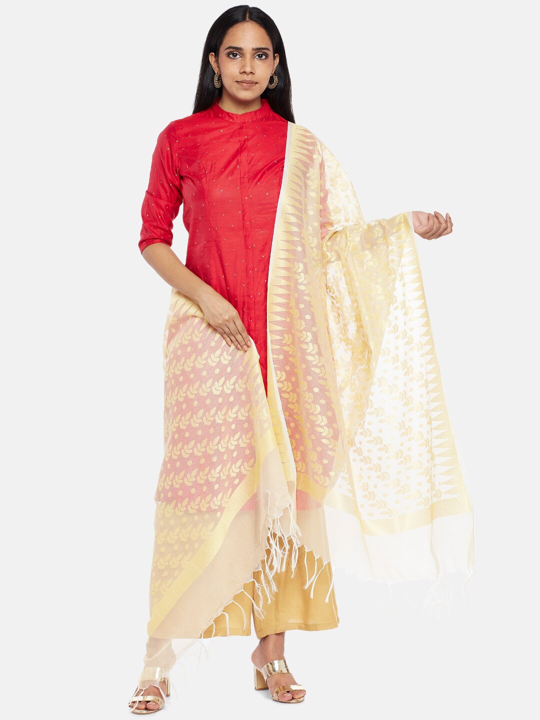 

RANGMANCH BY PANTALOONS Gold-Toned & White Woven Design Dupatta