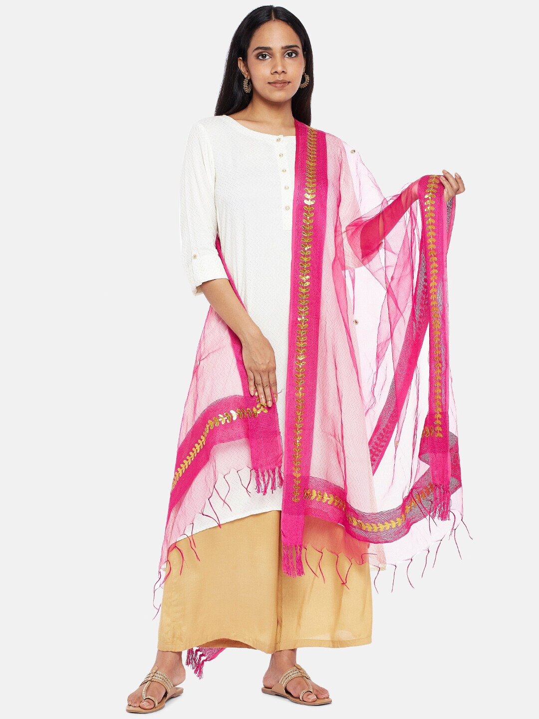 

RANGMANCH BY PANTALOONS Fuchsia & Gold-Toned Woven Design Dupatta with Thread Work