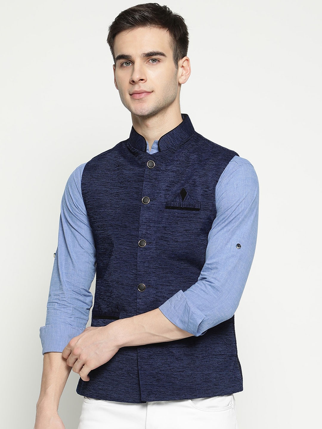 

V2 Value & Variety Navy Blue Self Design Nehru Jacket