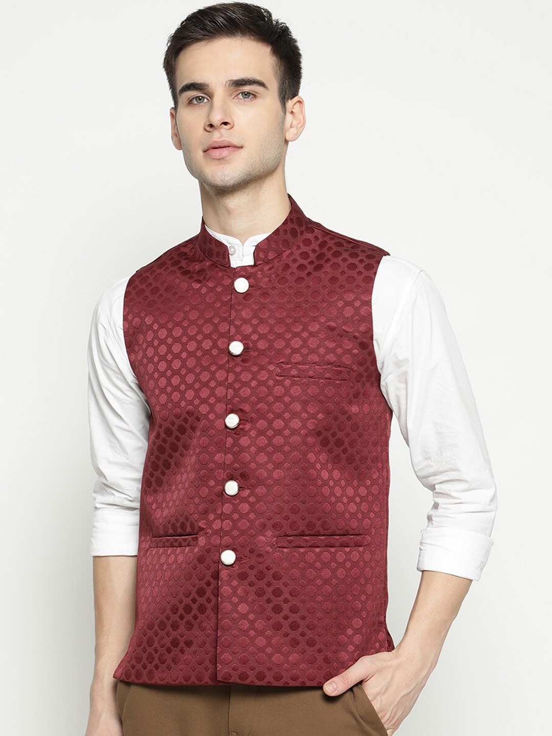 

V2 Value & Variety Maroon Self Design Nehru Jacket