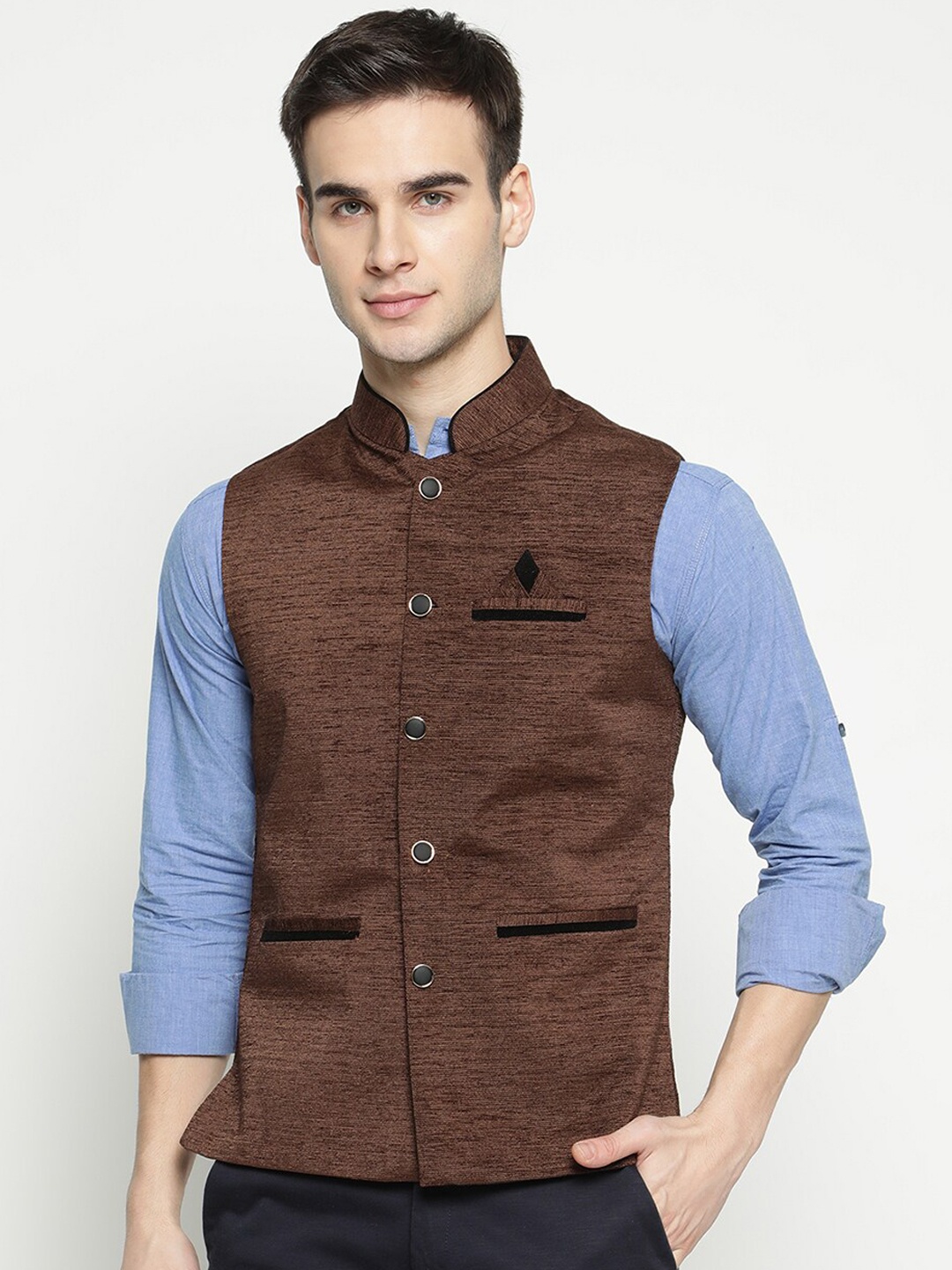 

V2 Value & Variety Brown Self Design Nehru Jacket