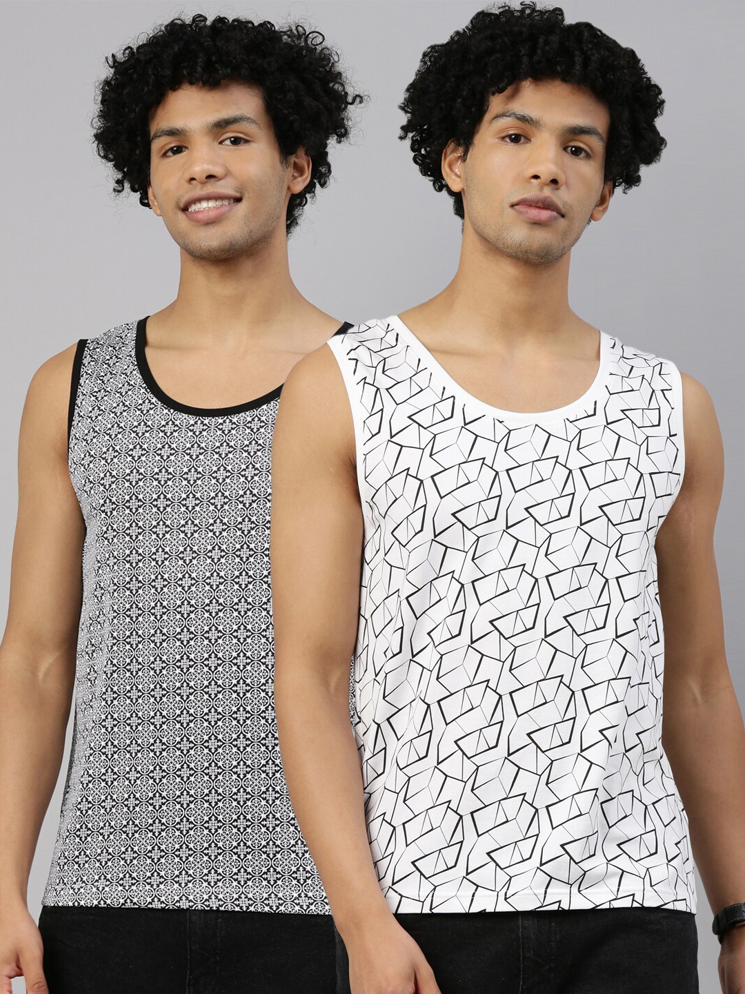 

Kryptic Men White Grey Pack Of 2 Printed Monochrome Pure Cotton T-shirt