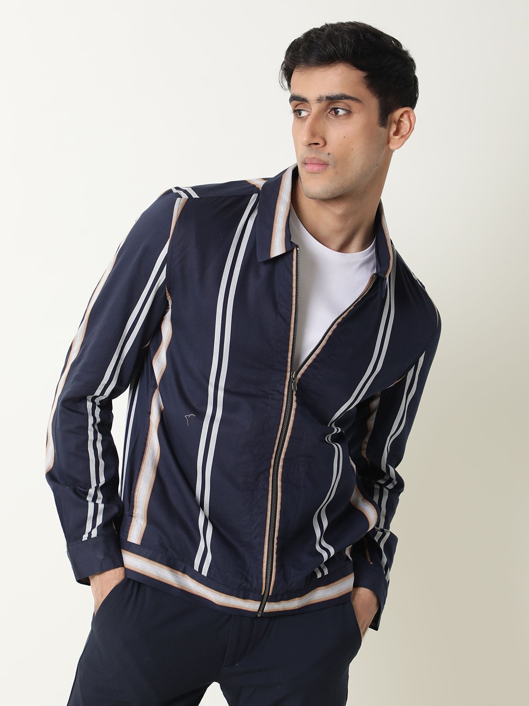 

RARE RABBIT Men Navy Blue & White Striped Lightweight Bomber Jacket
