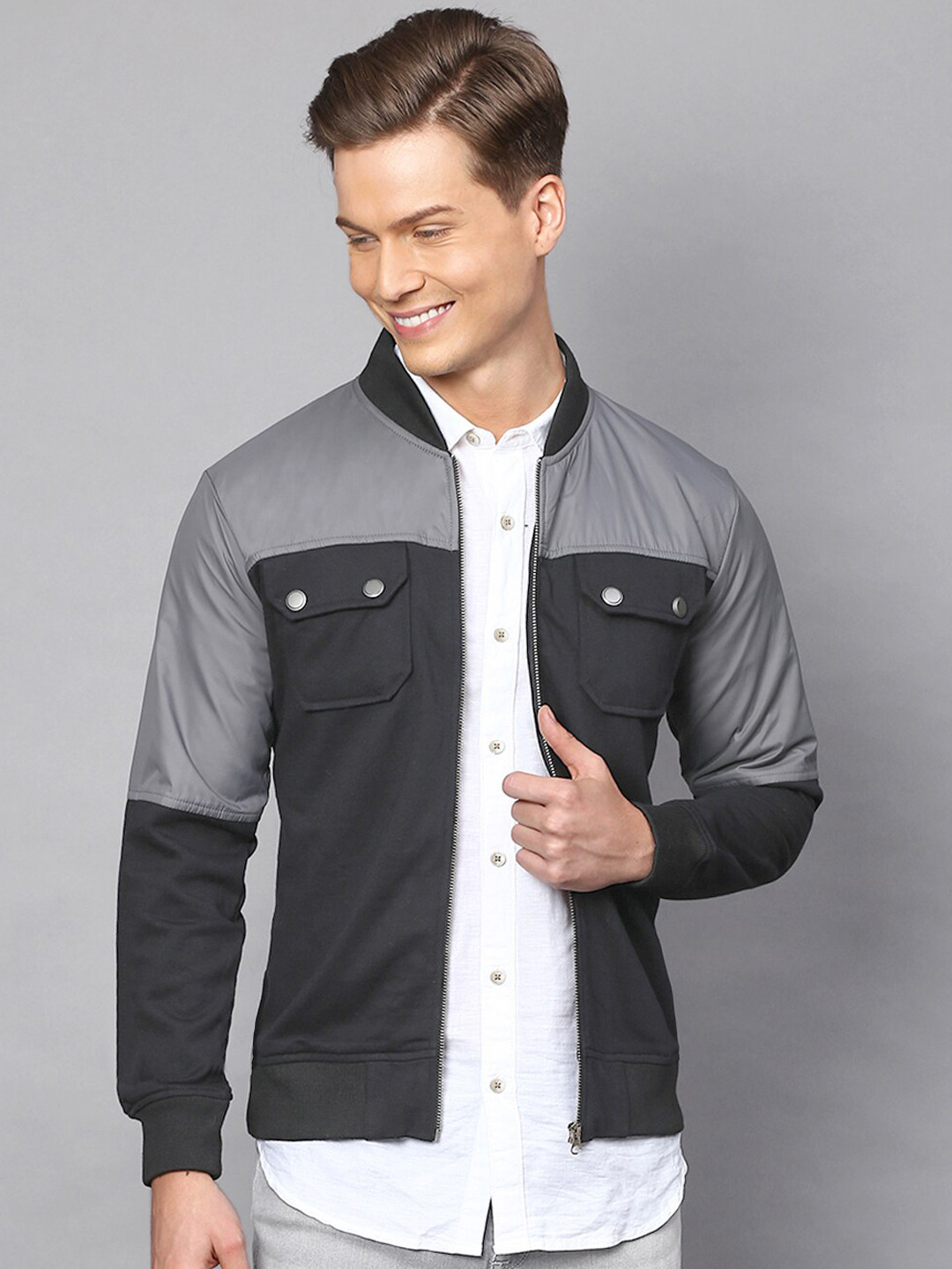 

Campus Sutra Men Black Grey Colourblocked Windcheater Tailored Jacket