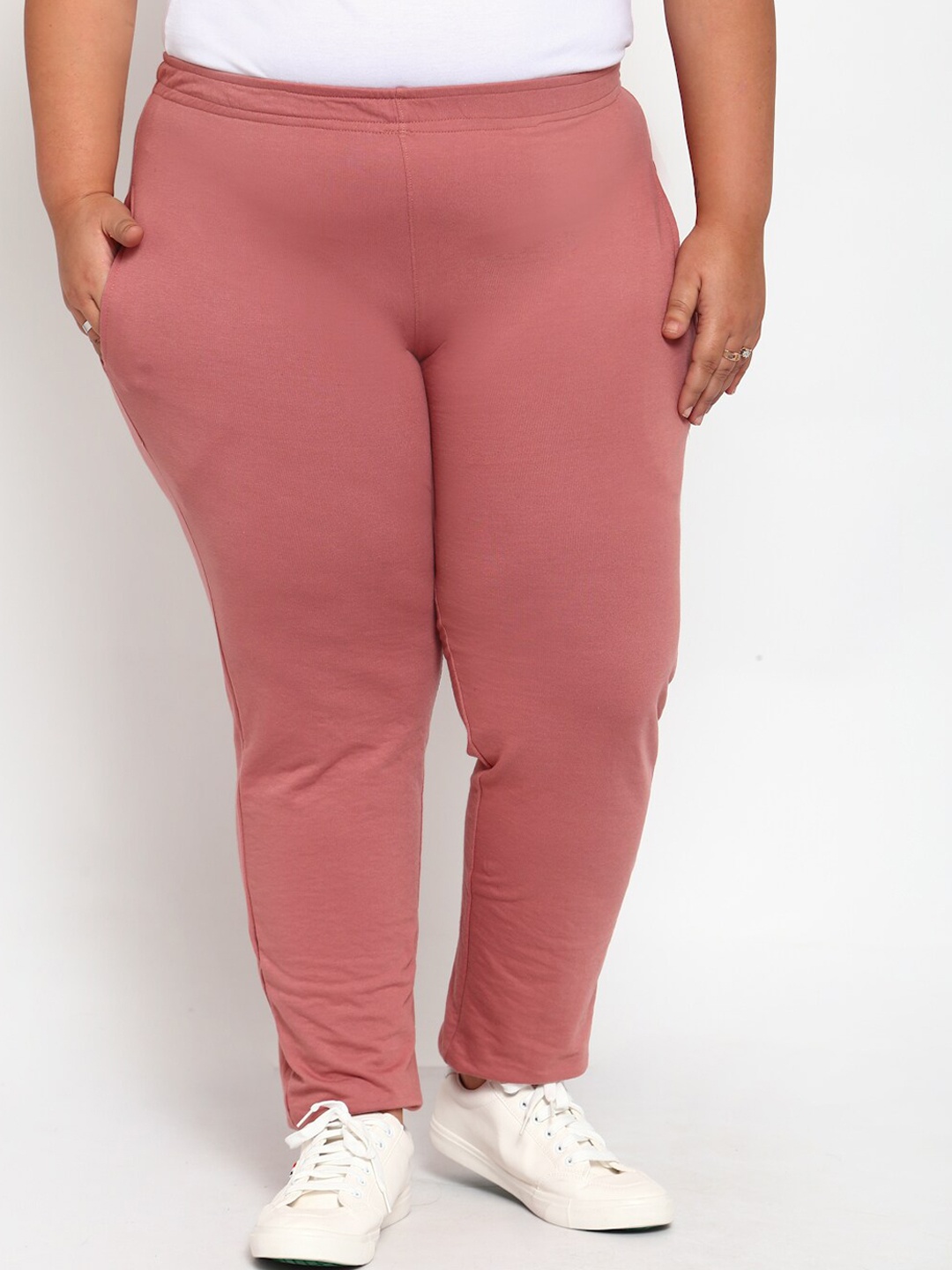 

plusS Women Pink Solid Straight-Fit Cotton Track Pants