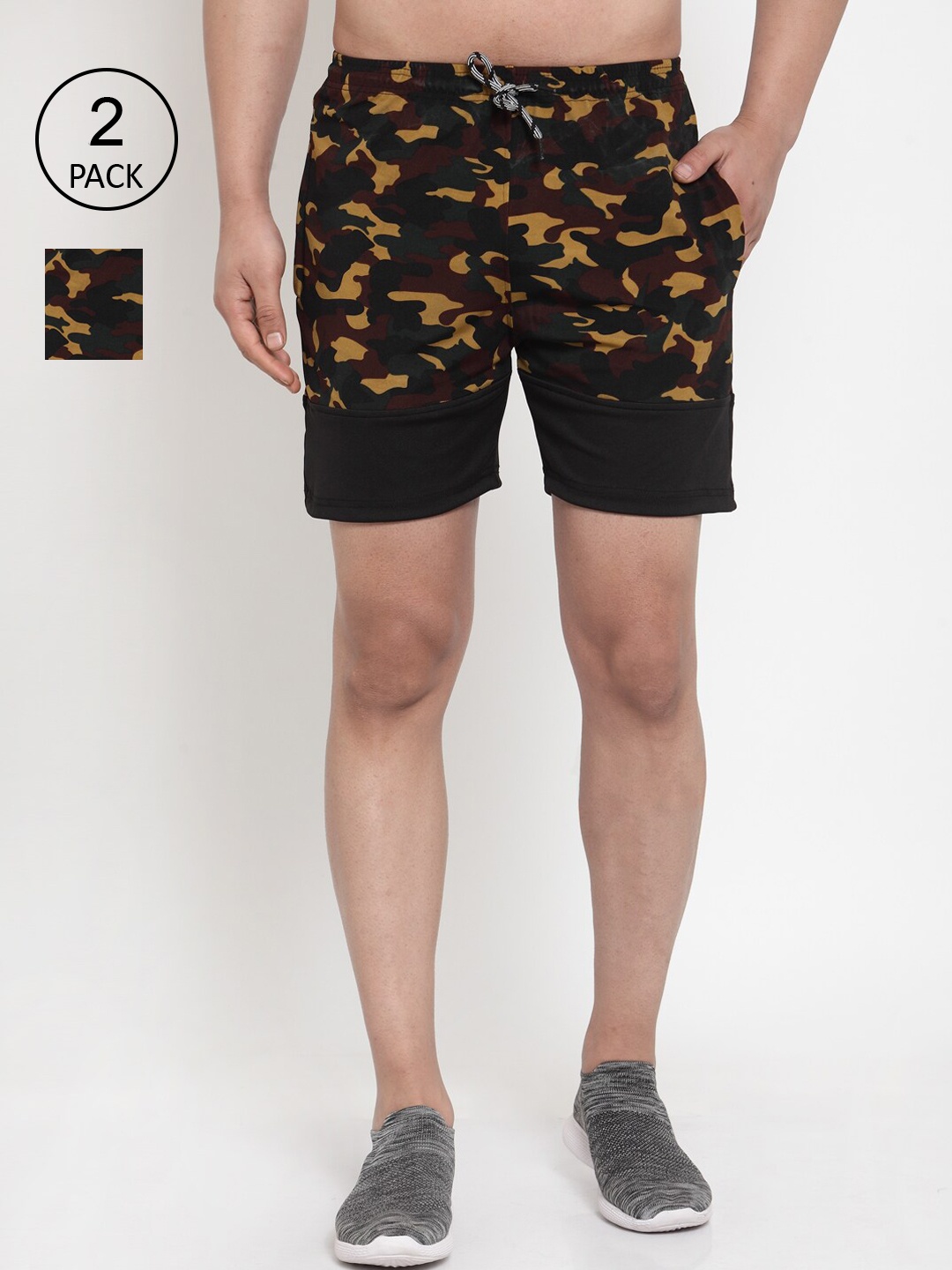 

KLOTTHE Men Multicoloured Pack Of 2 Camouflage Printed Mid-Rise Sports Shorts, Multi