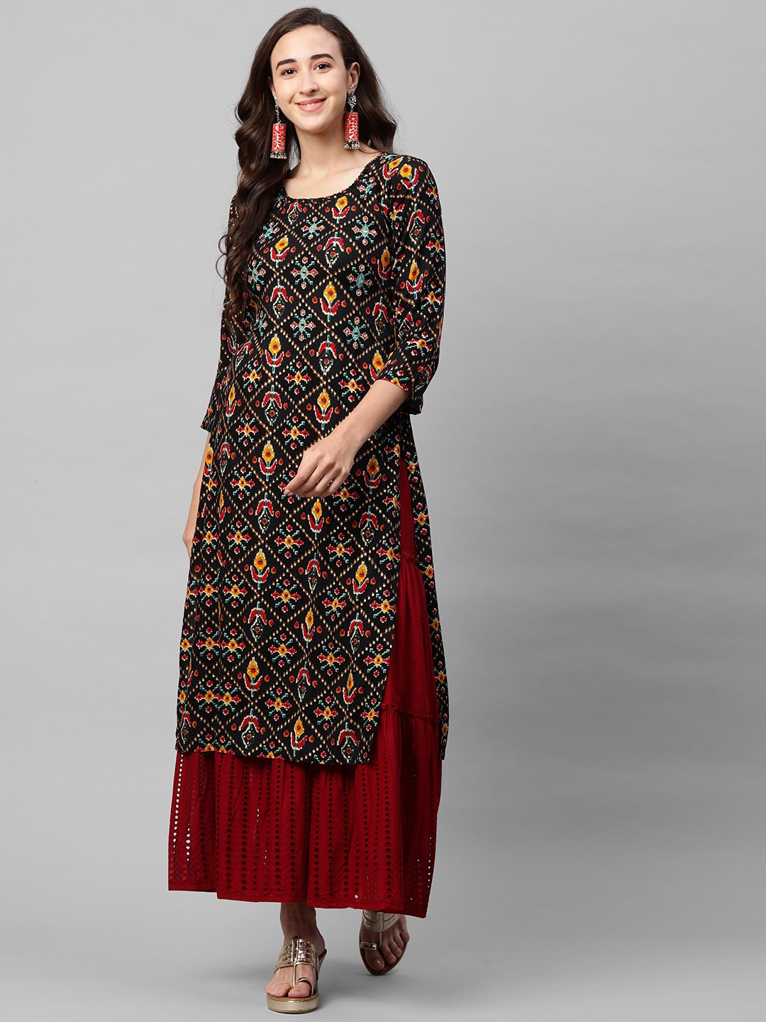 

FASHOR Women Black & Yellow Ethnic Motifs Printed Keyhole Neck Kurta