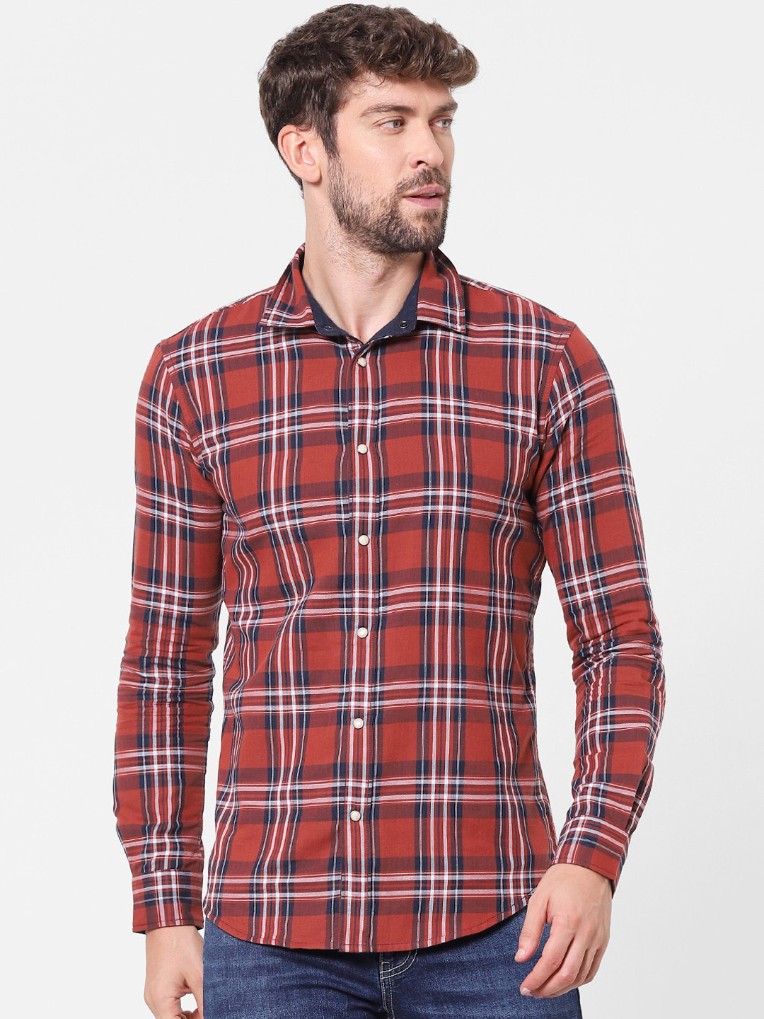 

Celio Men Red & Blue Tartan Checked Cotton Casual Shirt