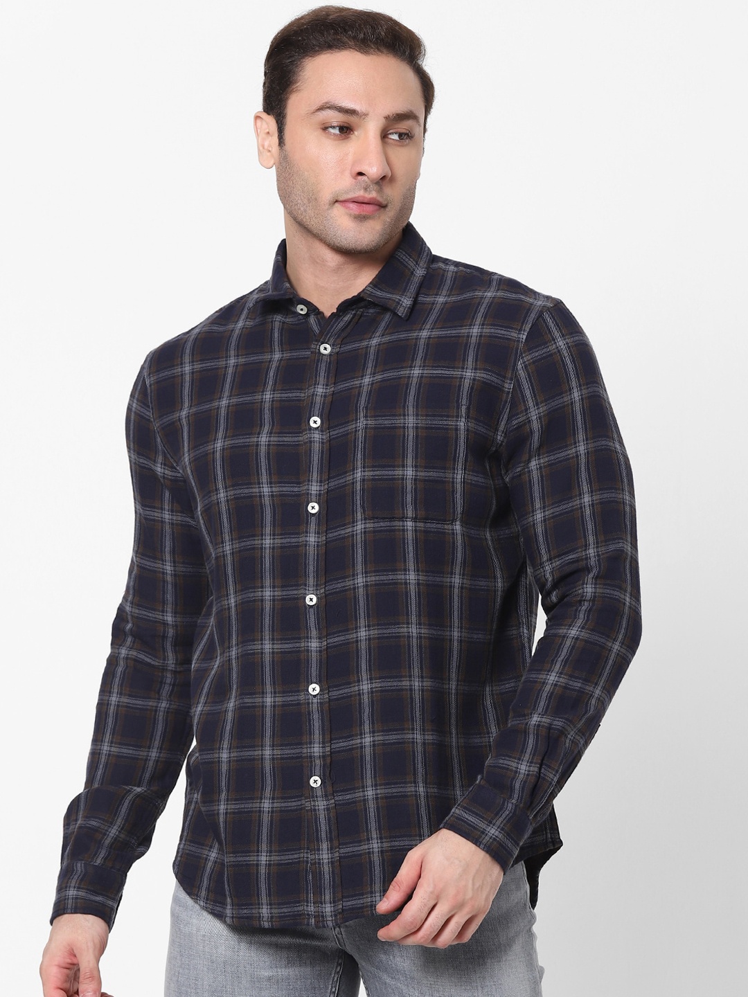 

Celio Men Navy Blue & Grey Checked Cotton Casual Shirt