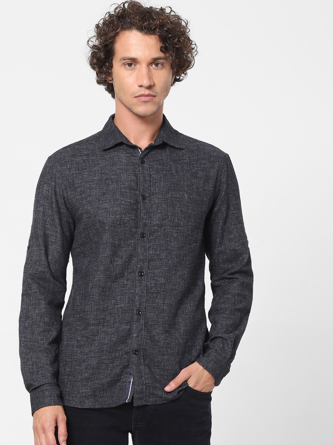 

Celio Men Black Slim Fit Self Design Denim Casual Shirt