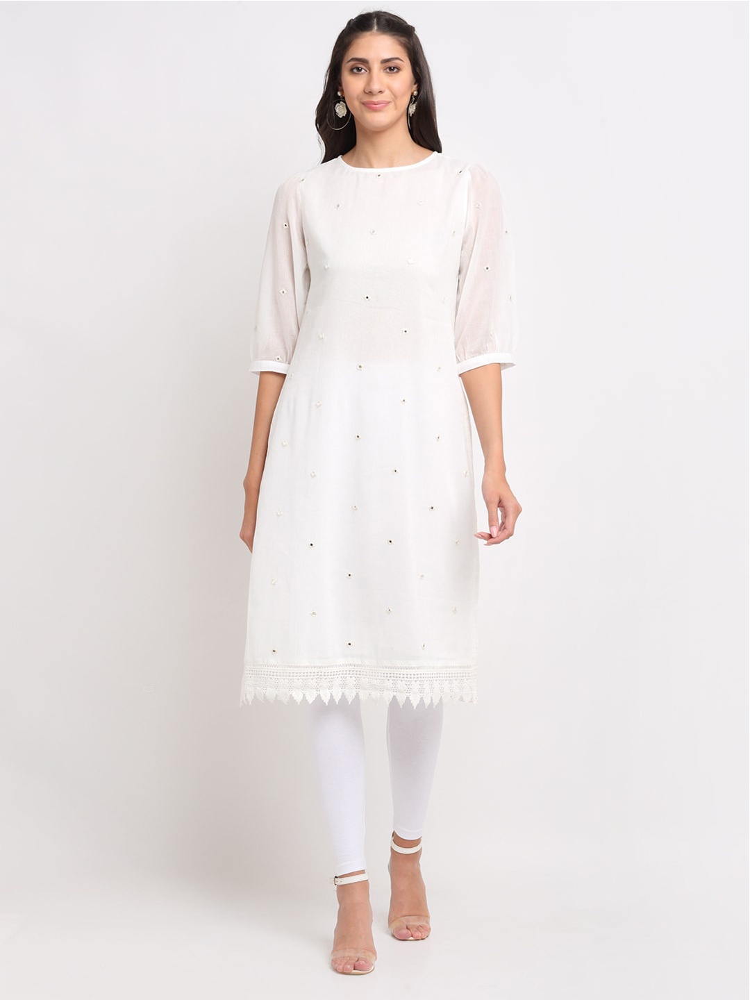 

BLANC9 Women Off White Embroidered Mirror Work Kurta