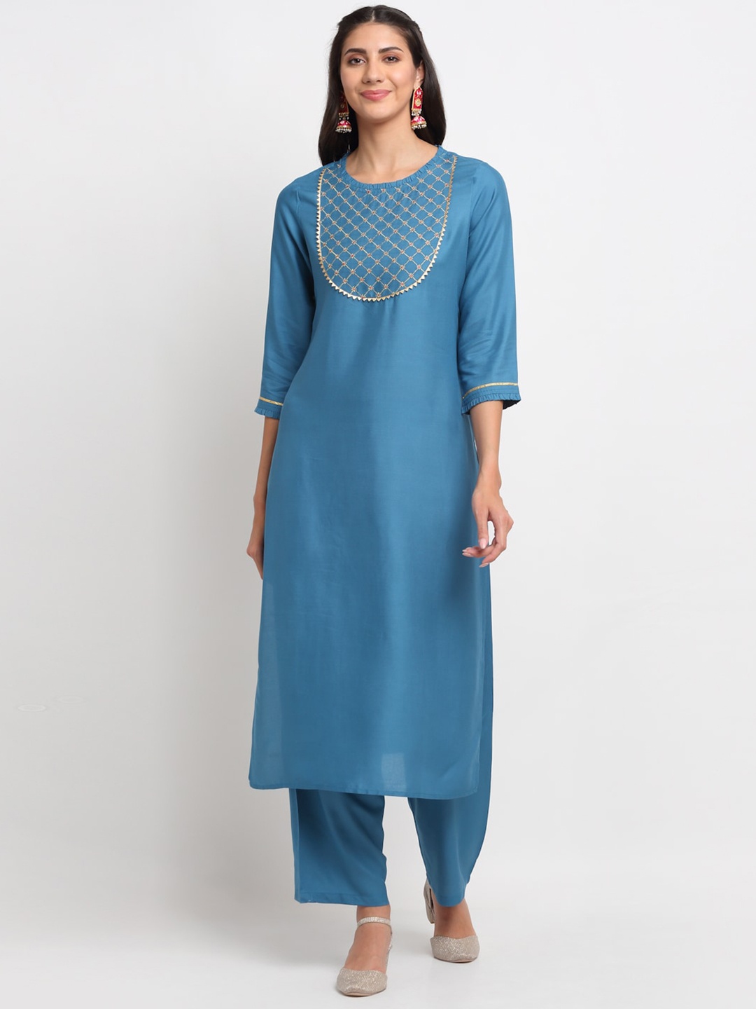 

BLANC9 Women Teal Embroidered Kurta