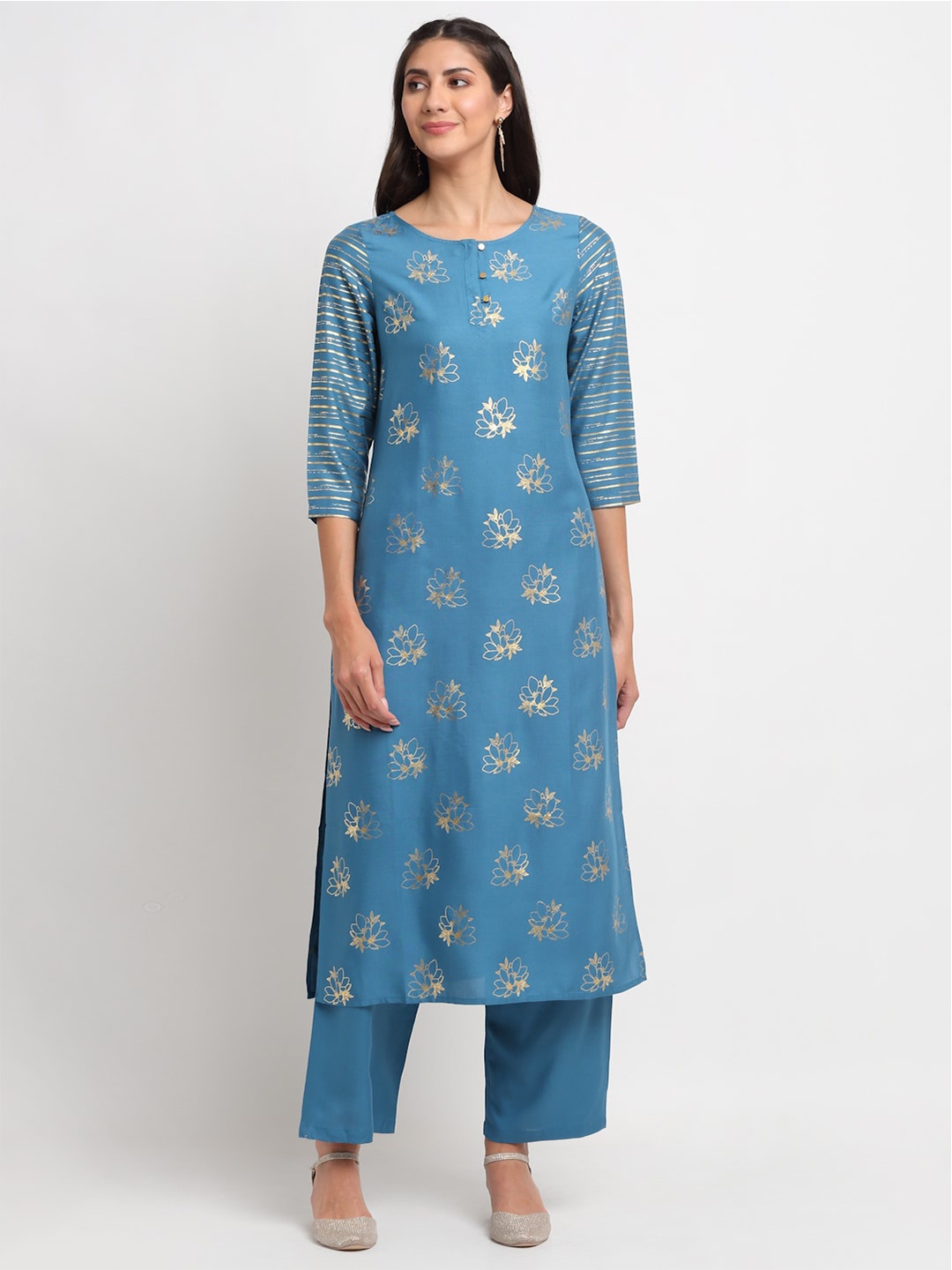 

BLANC9 Women Teal & Gold-Toned Ethnic Motifs Printed Kurta