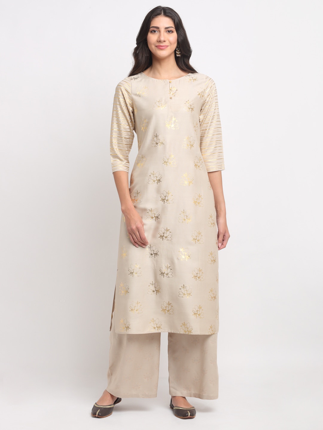

BLANC9 Women Beige & Gold-Toned Ethnic Motifs Printed Kurta