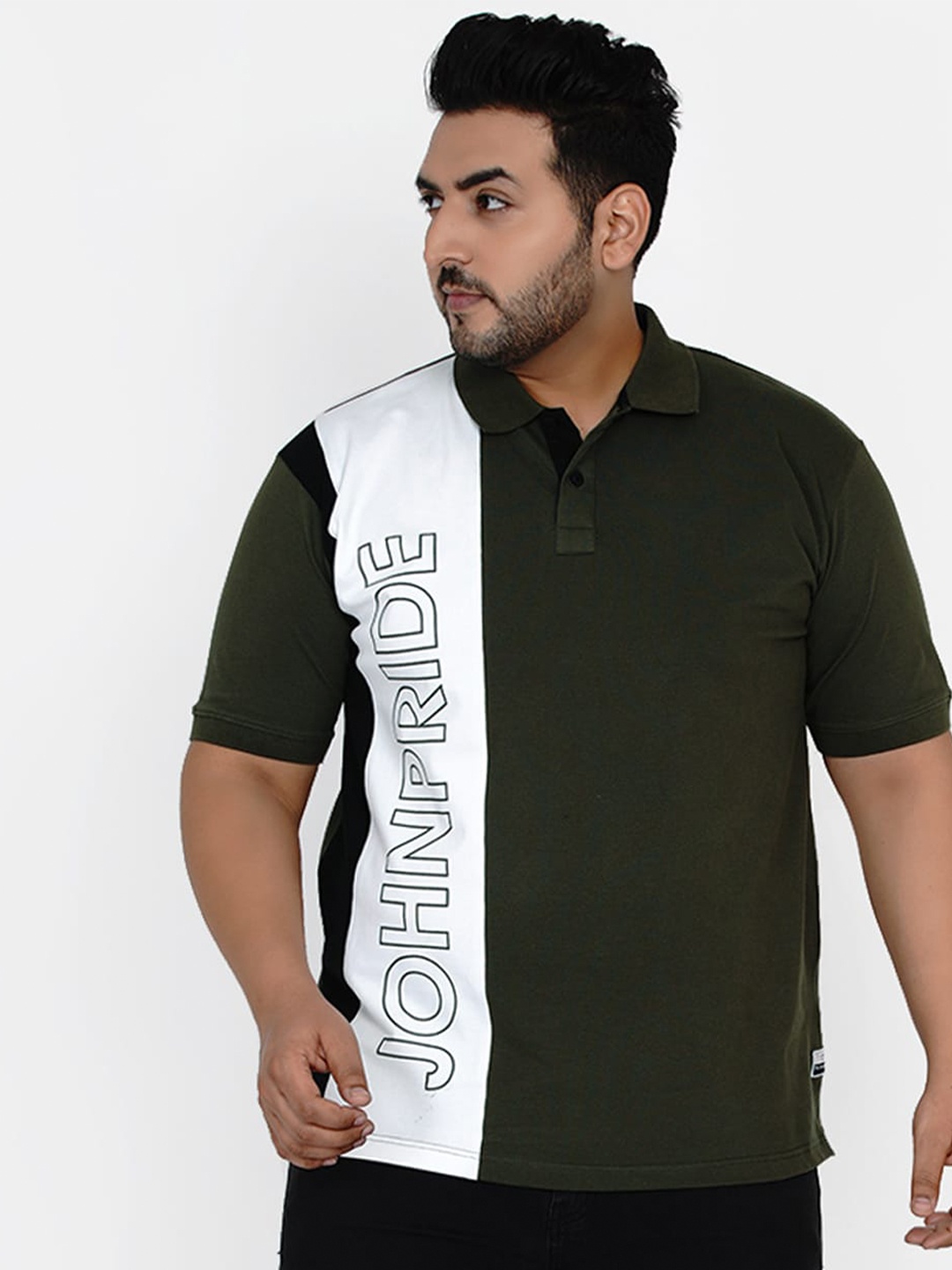 

John Pride Men Olive Green & White Typography Printed Plus Size Polo Collar T-shirt