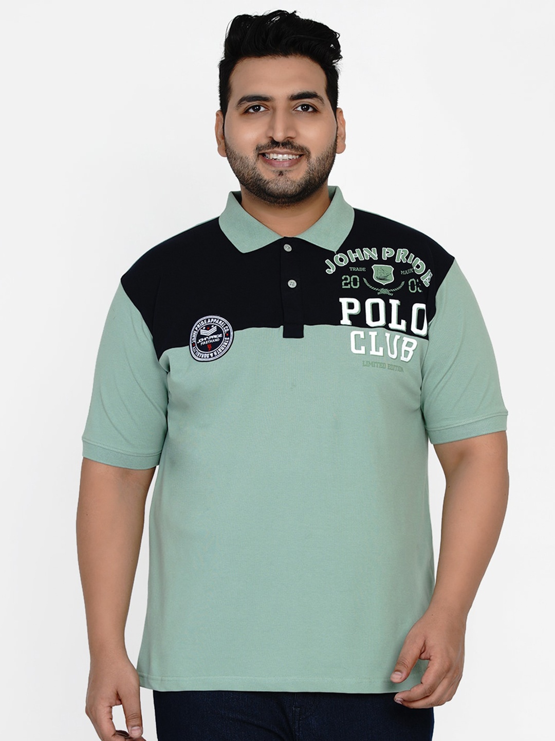 John Pride Men Sea Green & Black Typography Printed Plus Size Polo Collar T-shirt