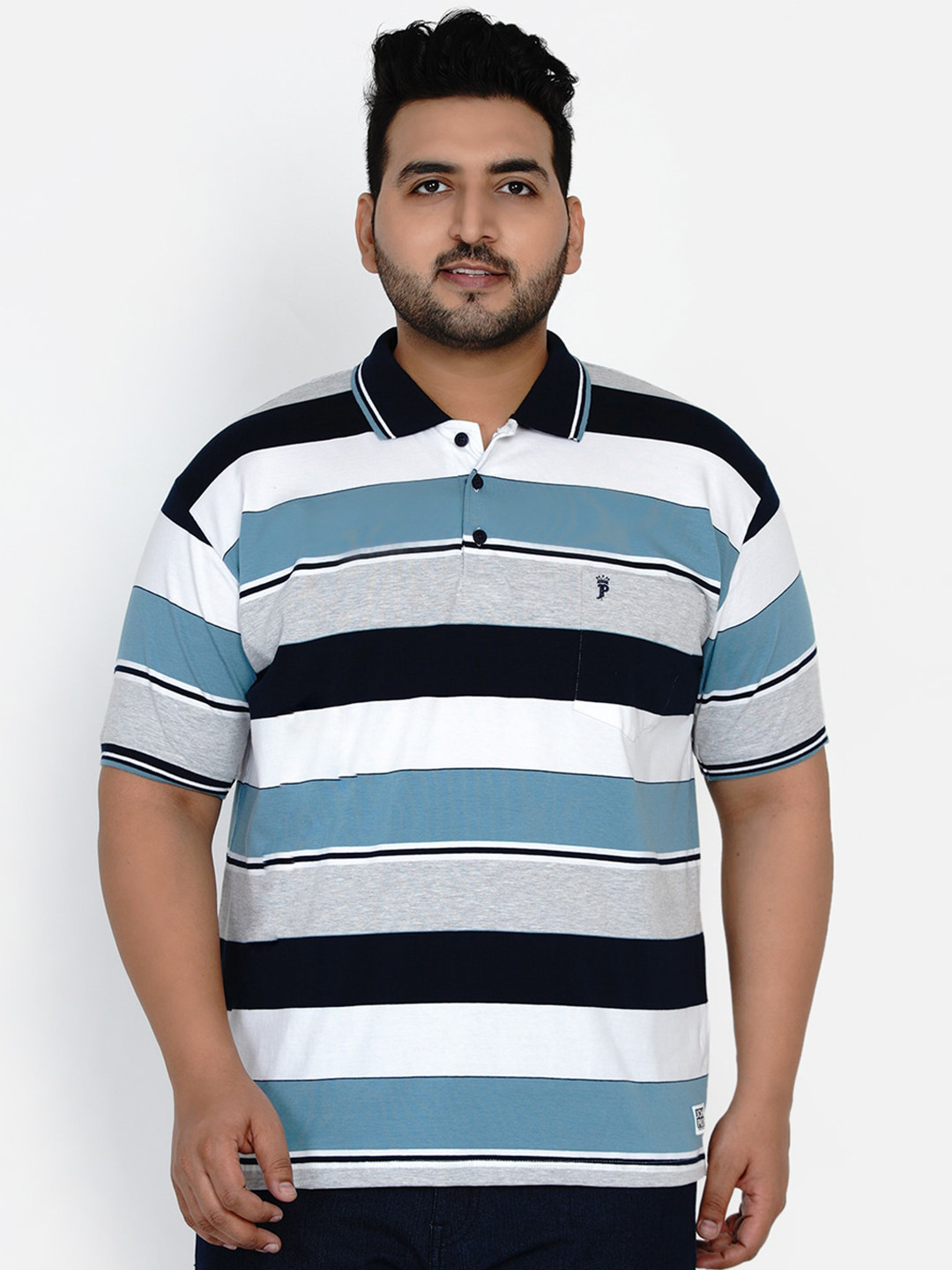 

John Pride Men Blue & White Horizontal Striped Plus Size Polo Collar T-shirt