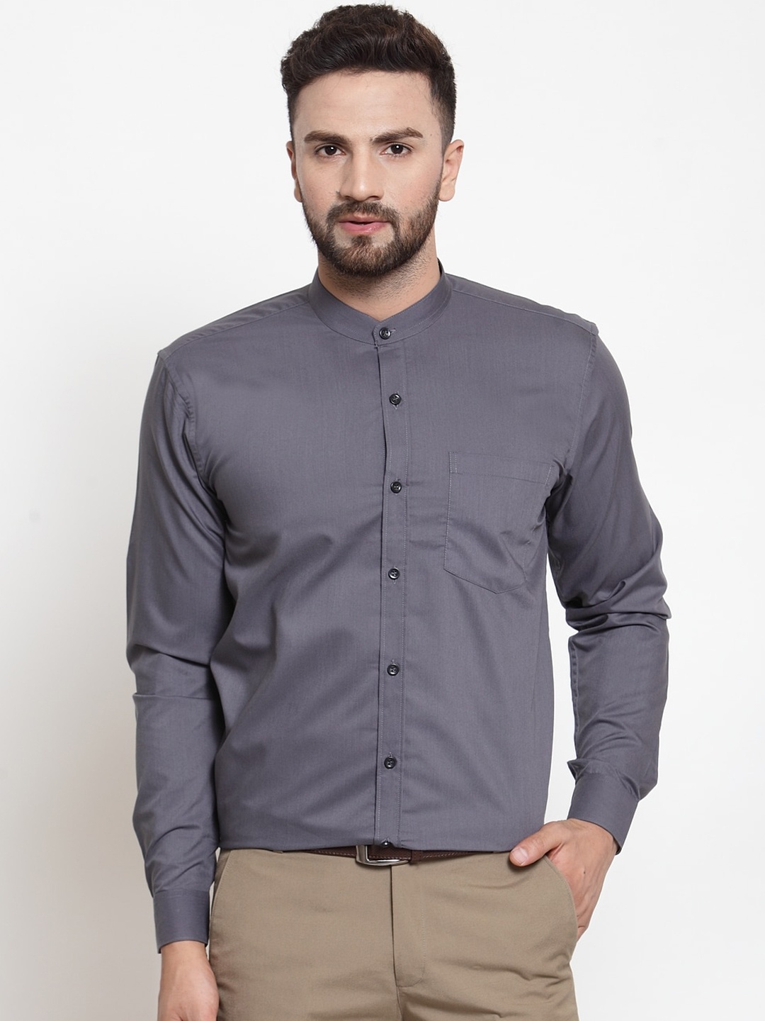 

JAINISH Men Grey Classic Mandarin Collar Cotton Formal Shirt