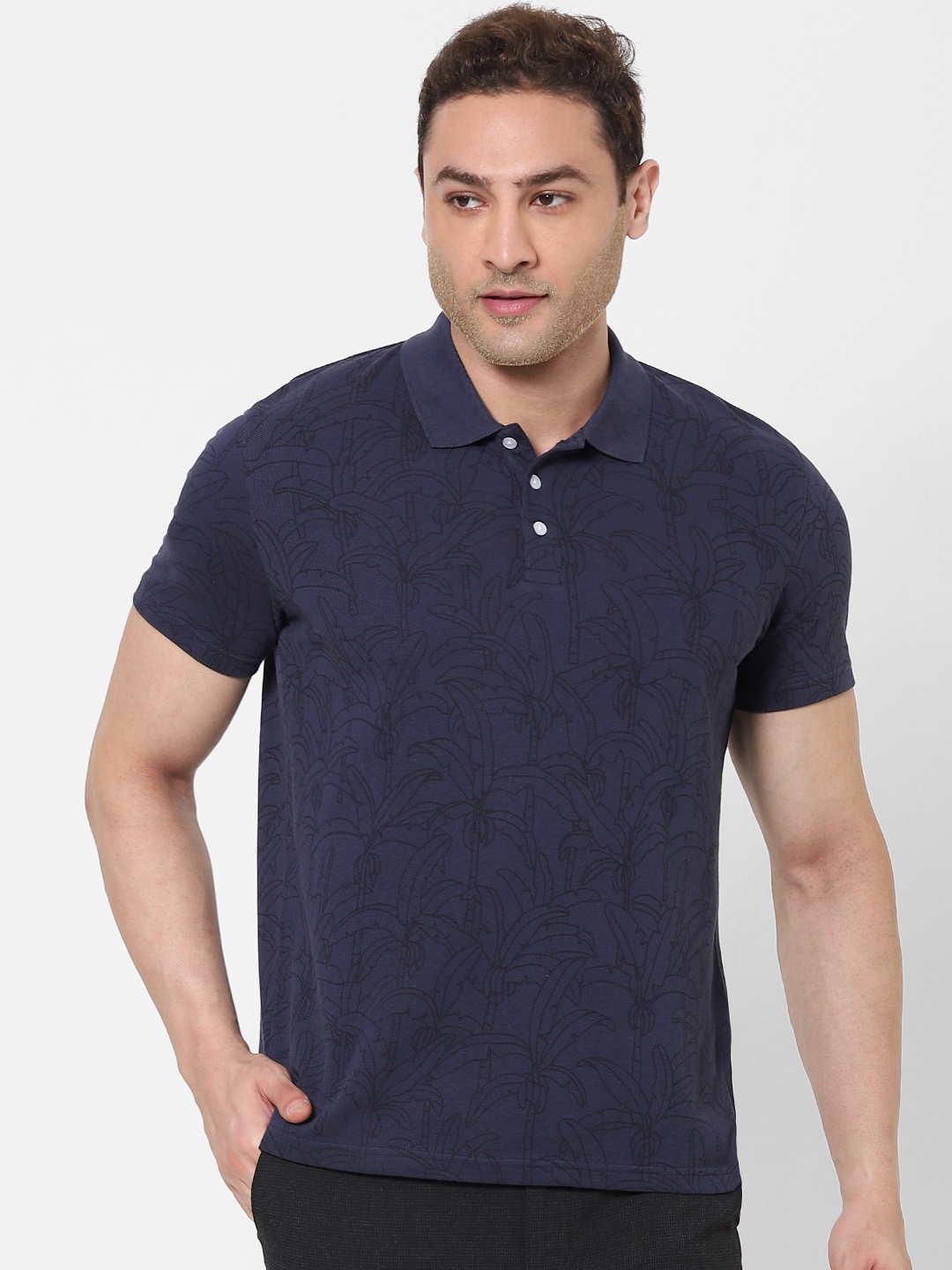 

Celio Men Navy Blue Tropical Printed Polo Collar Cotton Pure Cotton T-shirt