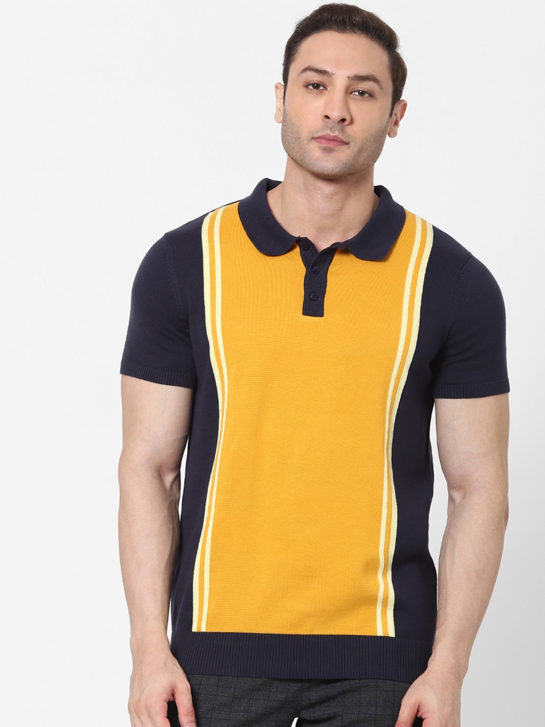 

Celio Men Navy Blue Yellow Colourblocked Polo Collar Cotton Pure Cotton T-shirt