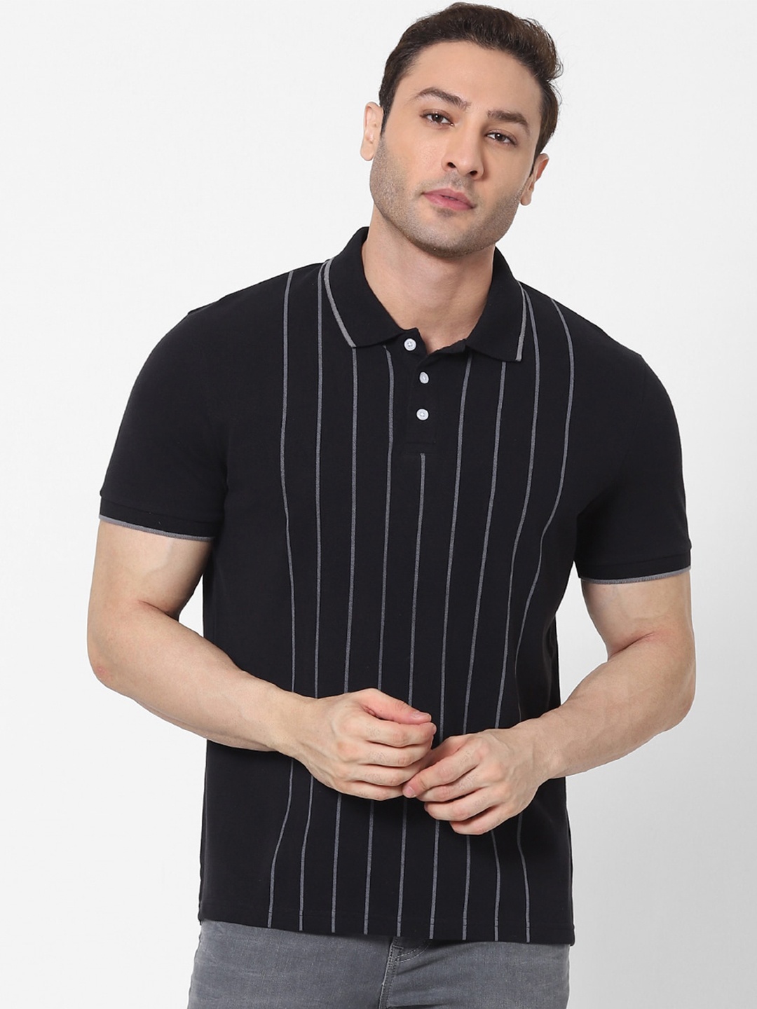 

Celio Men Black Vertical Striped Polo Collar Cotton Pure Cotton T-shirt