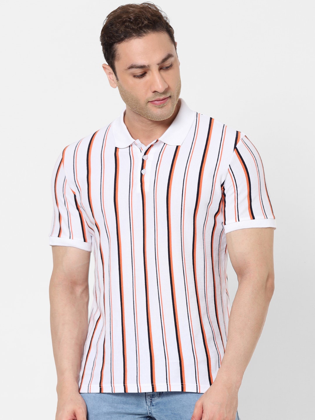 

Celio Men White Peach Coloured Vertical Striped Polo Collar Cotton Pure Cotton T-shirt