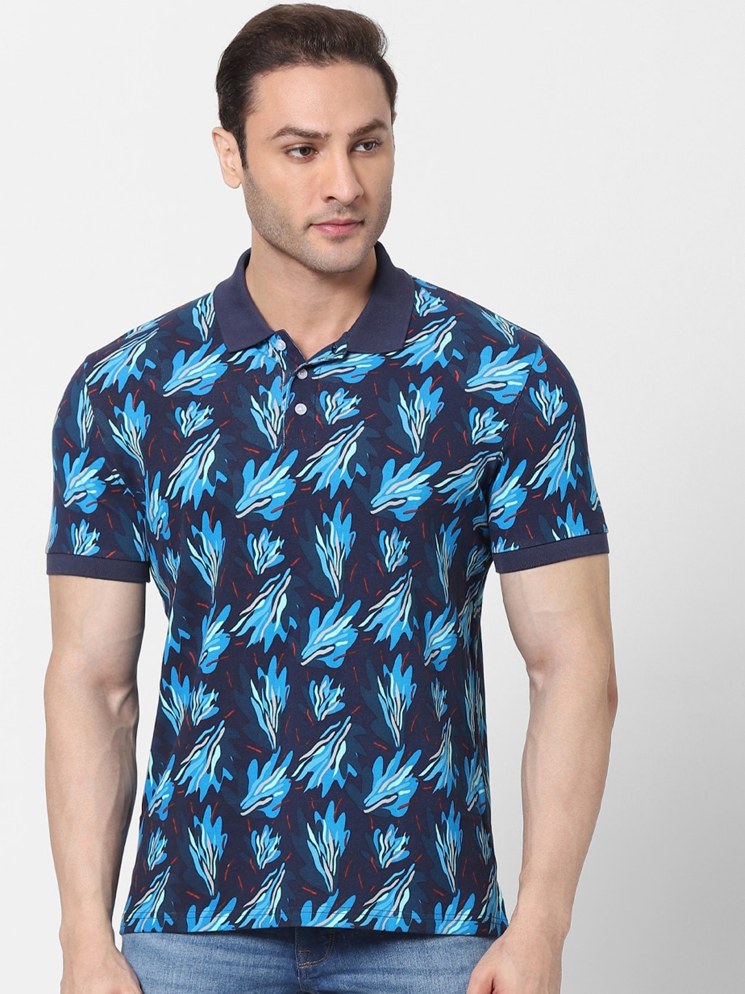 

Celio Men Navy Blue Floral Printed Polo Collar Cotton Pure Cotton T-shirt