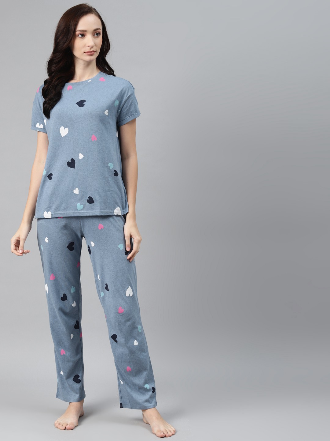 

Marks & Spencer Women Blue & Black Heart Print Pyjama Sets