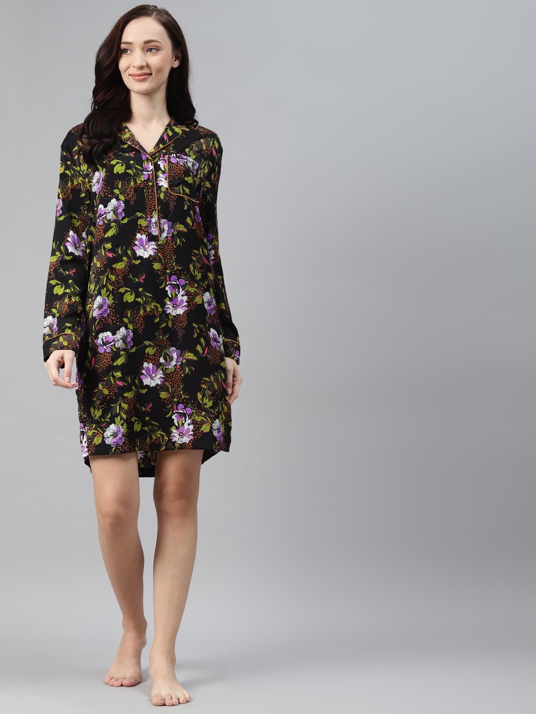 

Marks & Spencer Women Black & Green Floral Print Sleep Shirt