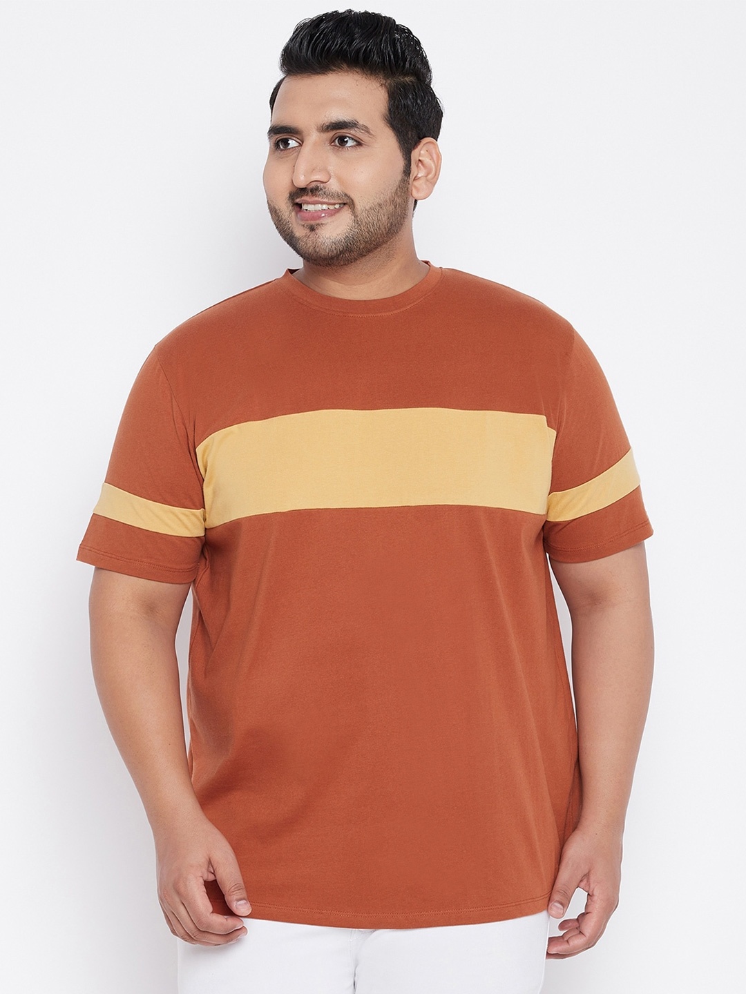 

bigbanana Men Brown Yellow Colourblocked Cotton Pure Cotton T-shirt