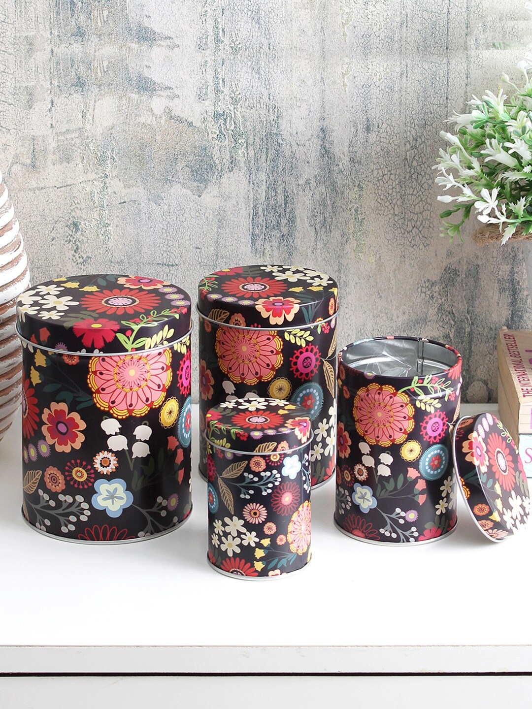 

A Vintage Affair- Home Decor Black & Pink Set of 4 Floral Storage Organisers