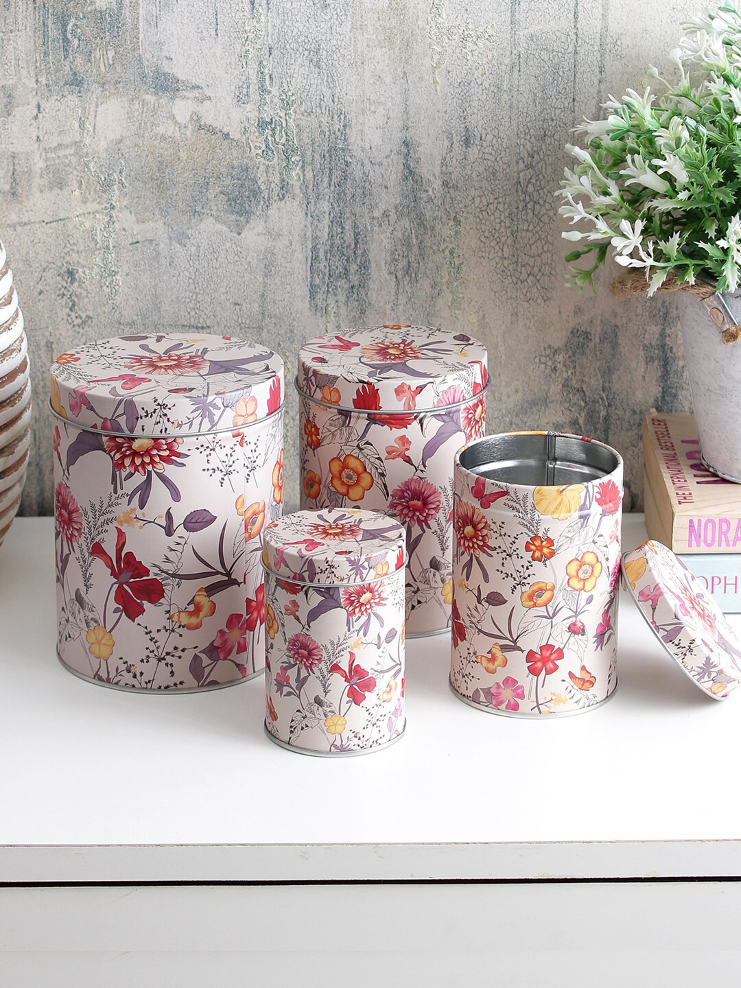 

A Vintage Affair- Home Decor White & Red Set of 4 Floral Storage Organisers