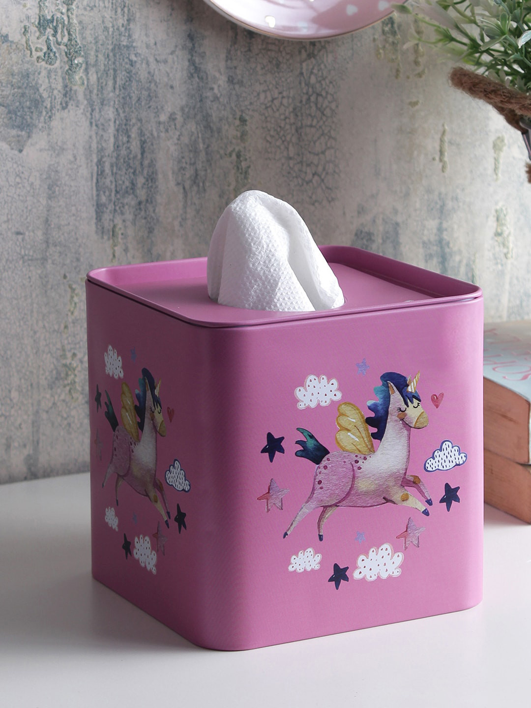 

A Vintage Affair- Home Decor Pink Square Flying Unicorn Tissue Box