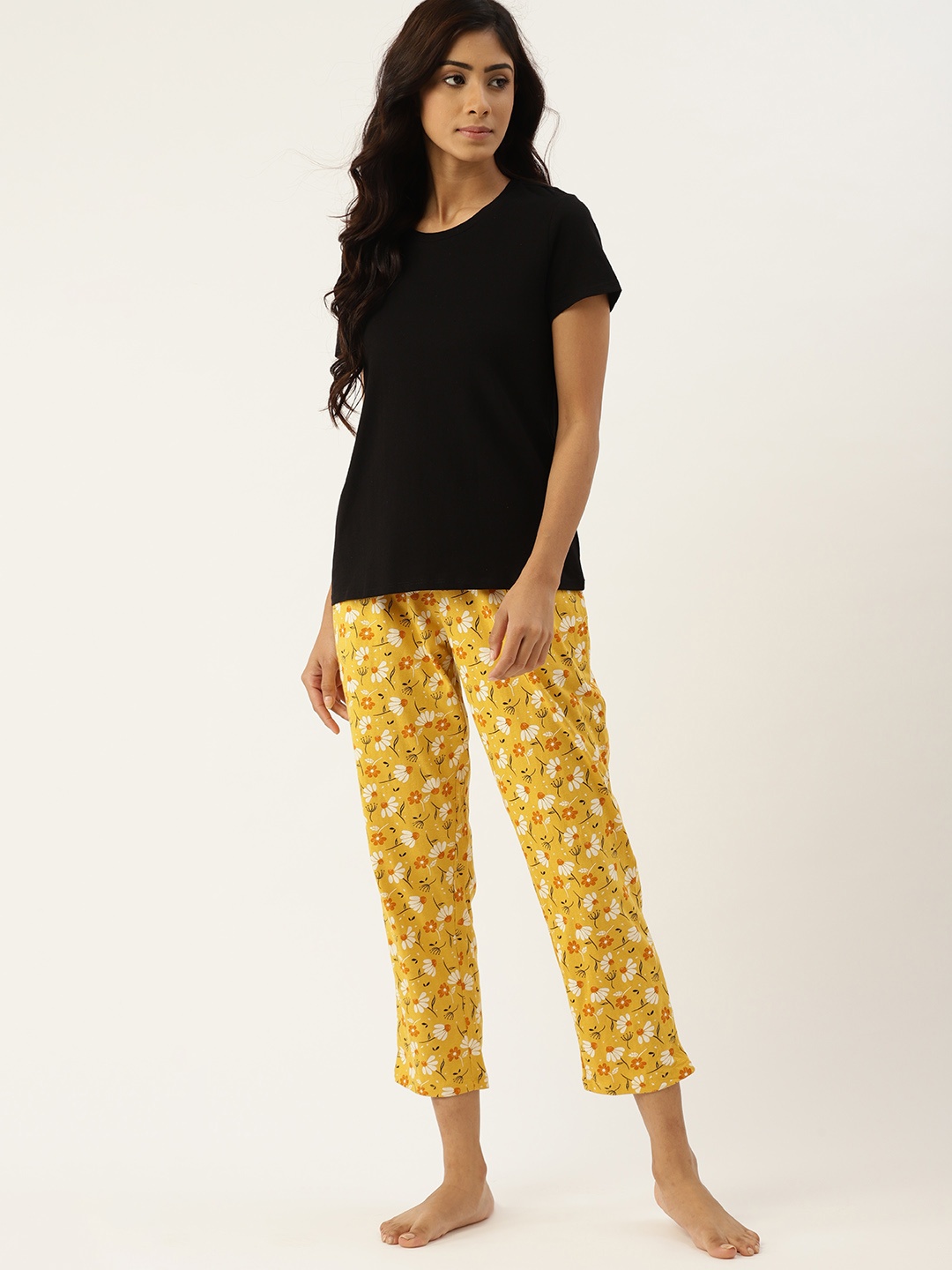 

ETC Women Black & Yellow Floral Print Cotton Pyjamas Set