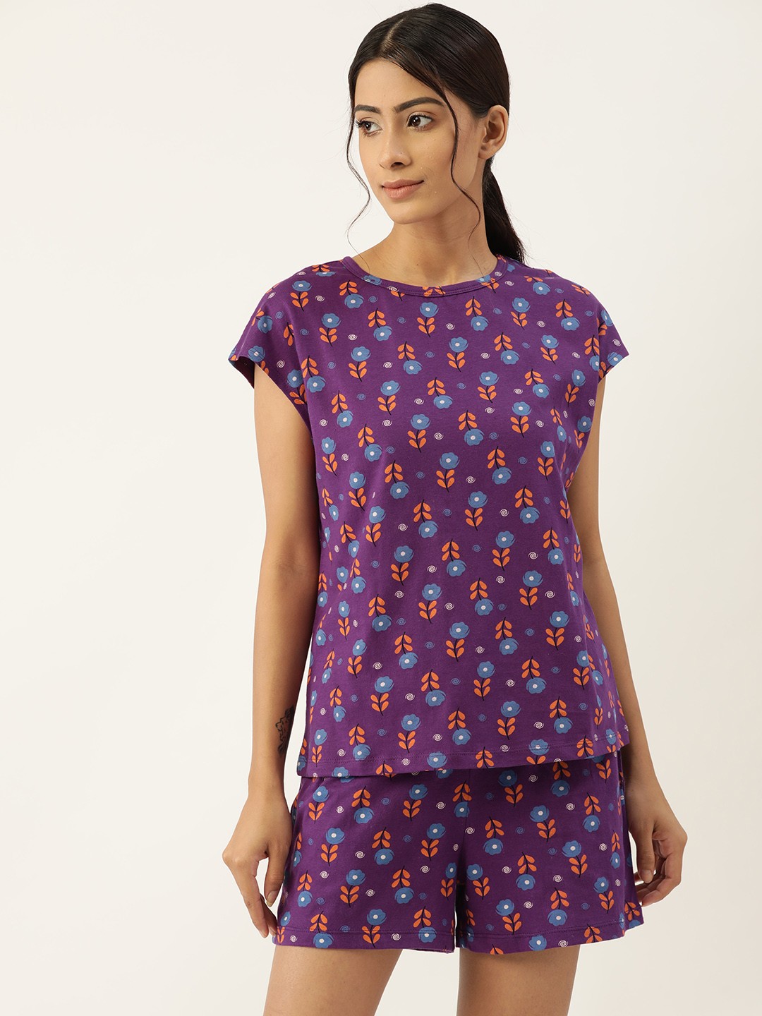 

ETC Women Purple & Orange Pure Cotton Printed Shorts Set