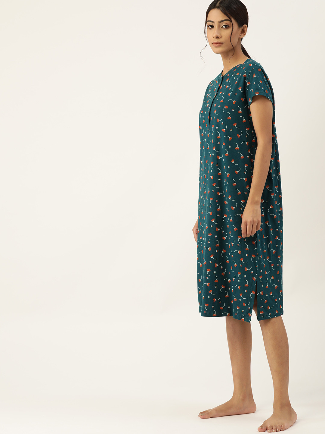 

ETC Teal Green Pure Cotton Floral Print Nightdress