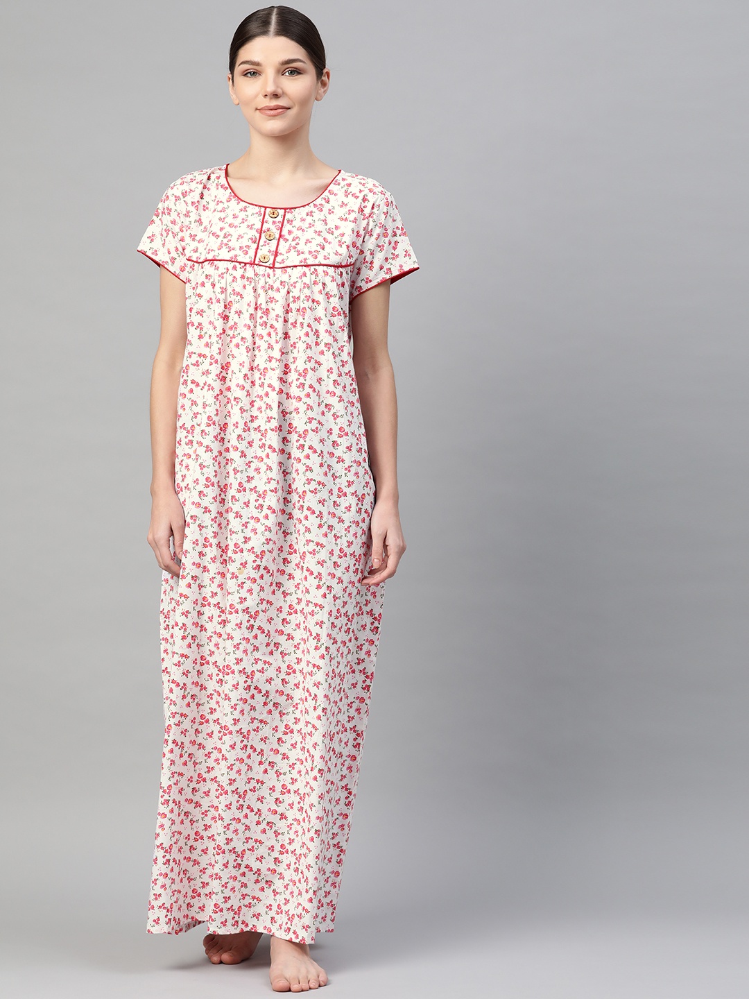 

Vemante White Floral Printed Cotton Maxi Nightdress