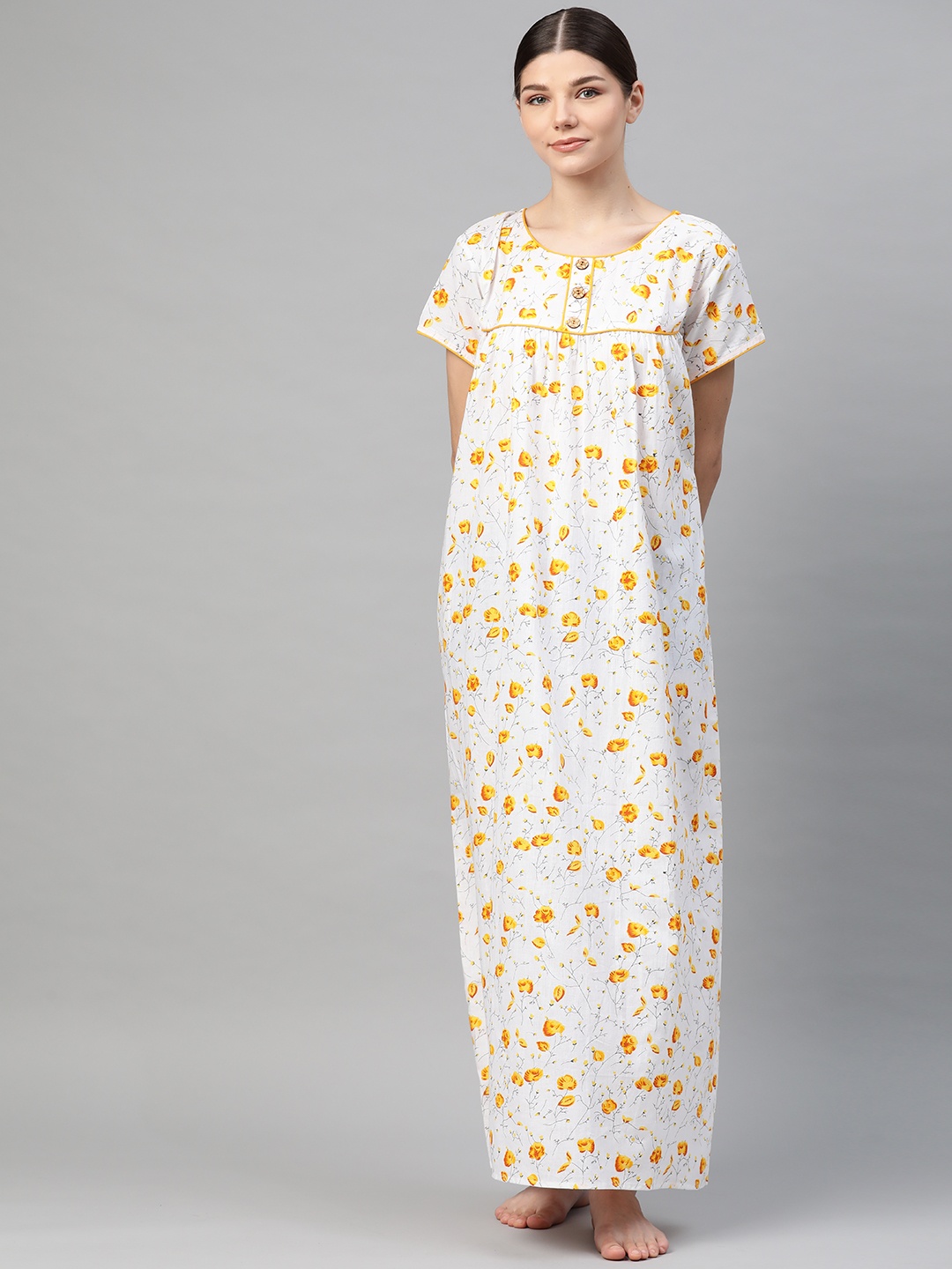 

Vemante White Floral Printed Cotton Maxi Nightdress