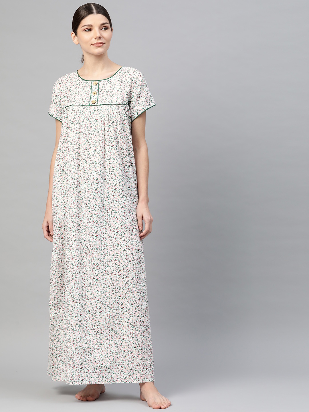 

Vemante White Floral Printed Cotton Maxi Nightdress