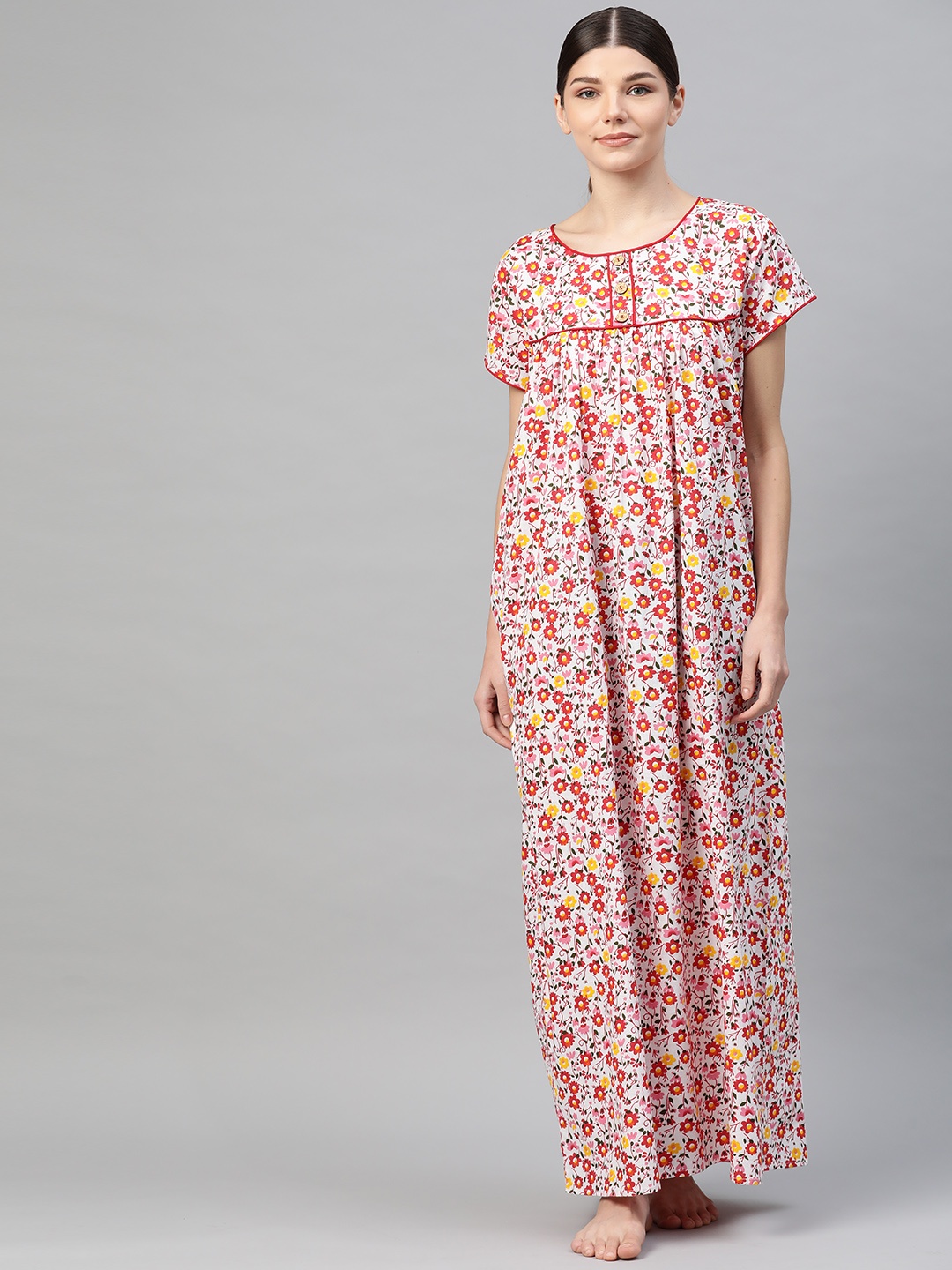 

Vemante White Floral Printed Cotton Maxi Nightdress