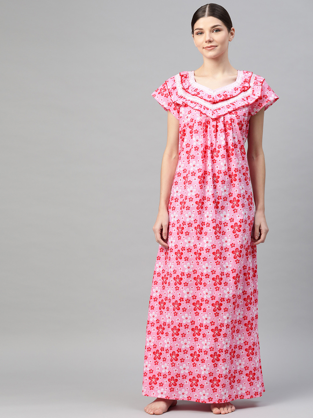 

Vemante Pink Floral Printed Cotton Maxi Nightdress