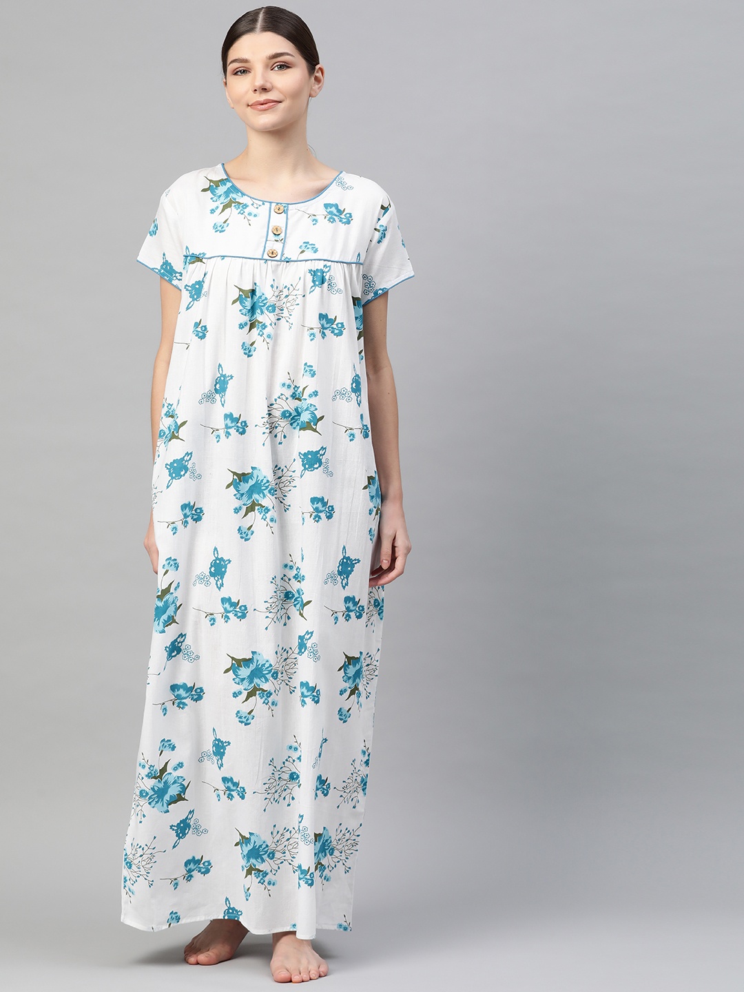 

Vemante White Floral Printed Cotton Maxi Nightdress